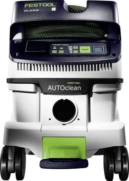 Aspirateur Festool CTL 26 E AC avec fonction AUTOClean, montrant le panneau de commande et les roues, conçu pour un enlèvement efficace des poussières.