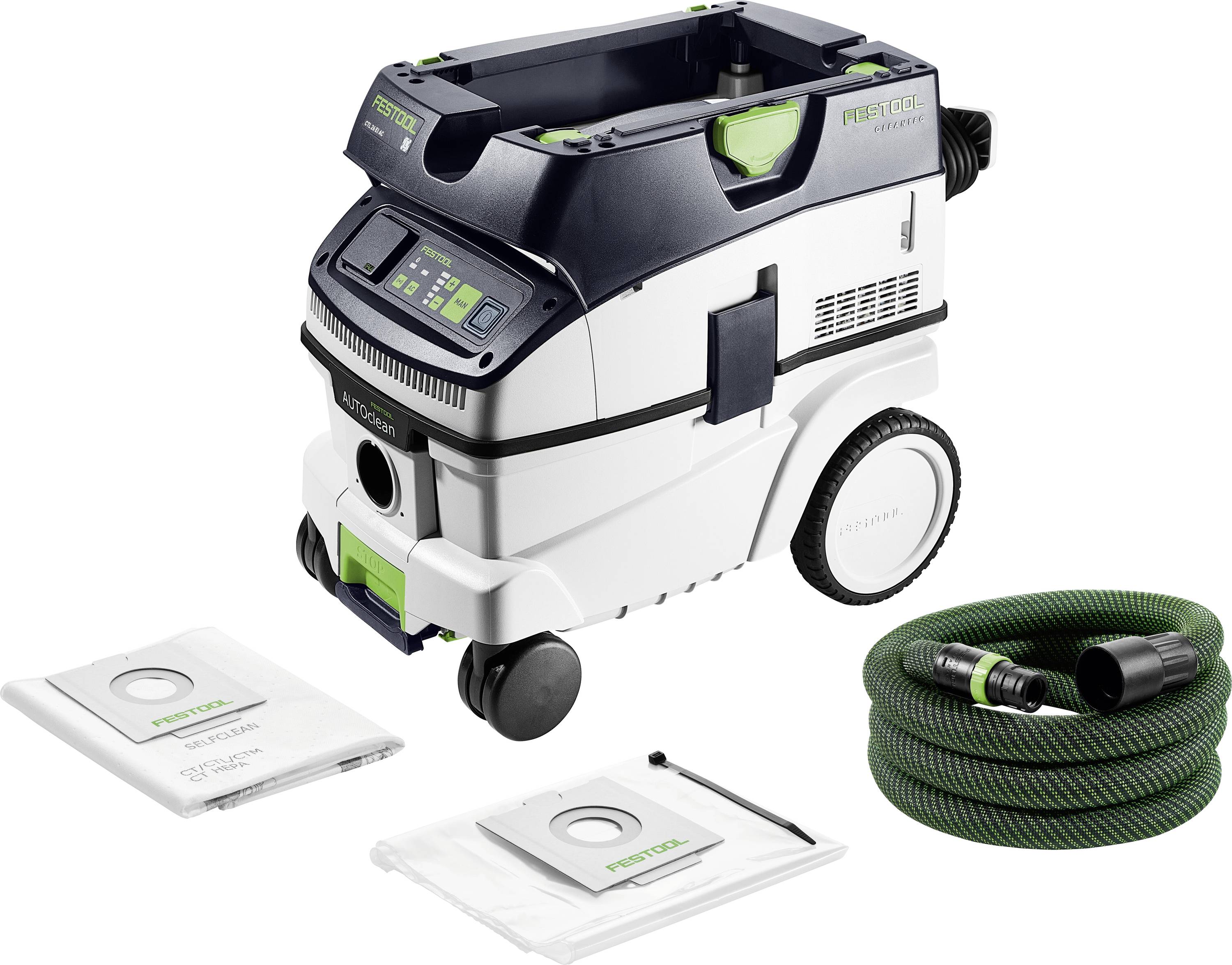 Un aspirateur compact à roues avec un affichage numérique. Les accessoires comprennent un tuyau vert et deux sacs d'aspirateur de la marque « Festool ».