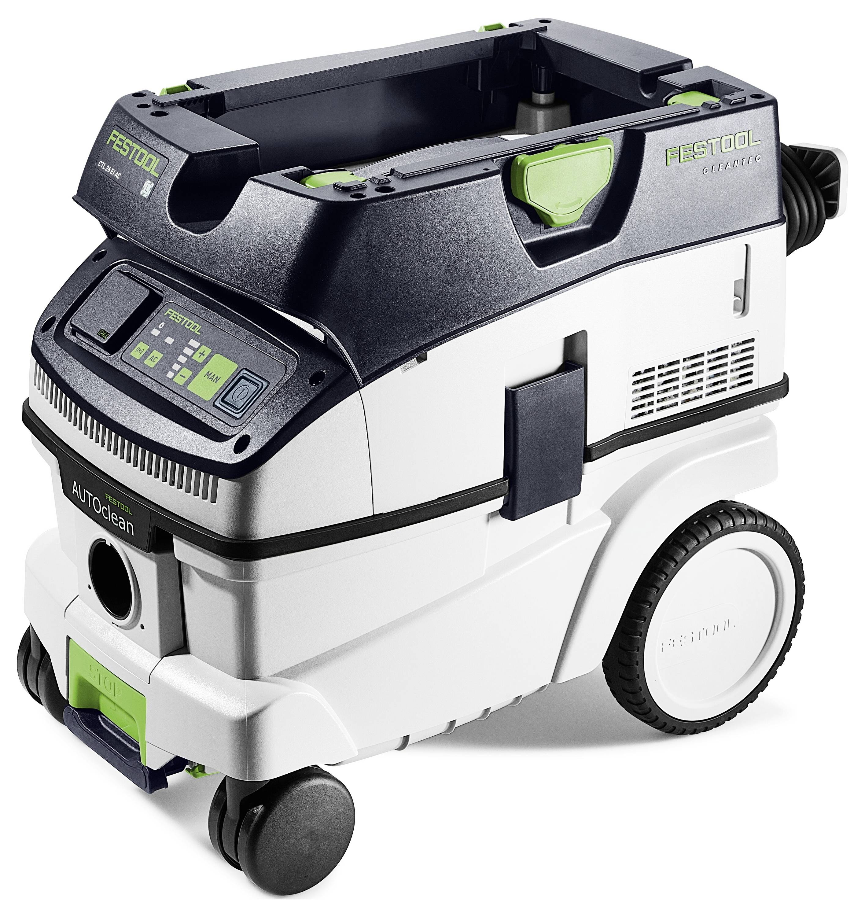 Un aspirateur industriel blanc et noir avec des roues, un affichage numérique et un port pour tuyau d'aspiration. La marque 'Festool' est visible.