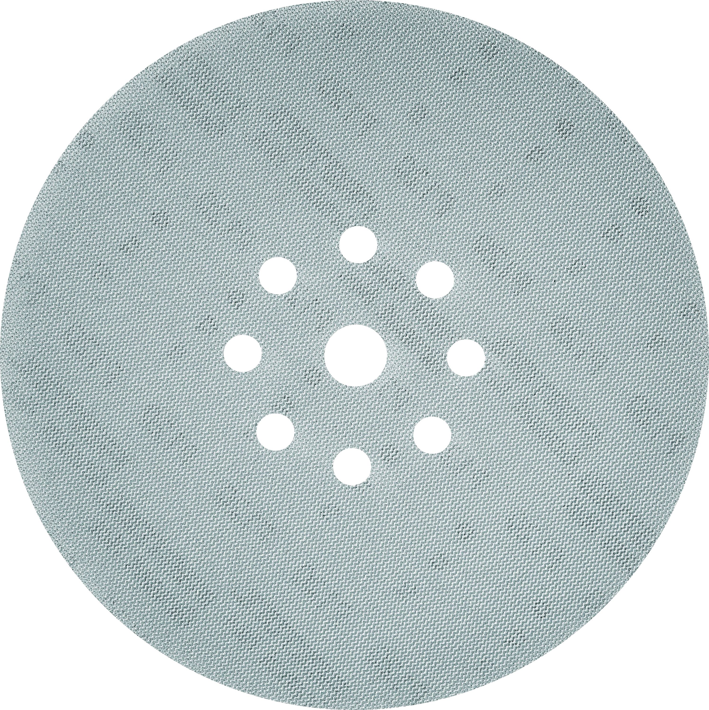 Un disque de papier de verre rond présentant plusieurs trous disposés en cercles concentriques, utilisé pour poncer et lisser des surfaces.