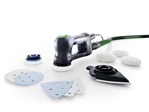 Un outil de ponçage électrique doté de différents tampons interchangeables de ponçage et de polissage disposés autour de lui, illustrant sa polyvalence d'utilisation.