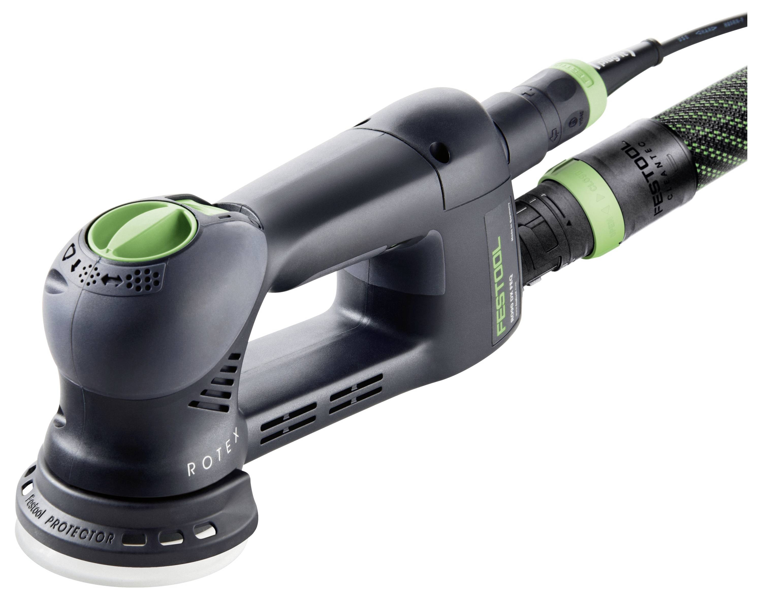 Une ponceuse Festool Rotex noir et vert avec cordon d'alimentation et poignée ergonomique, conçue pour des tâches de ponçage et de polissage polyvalentes.