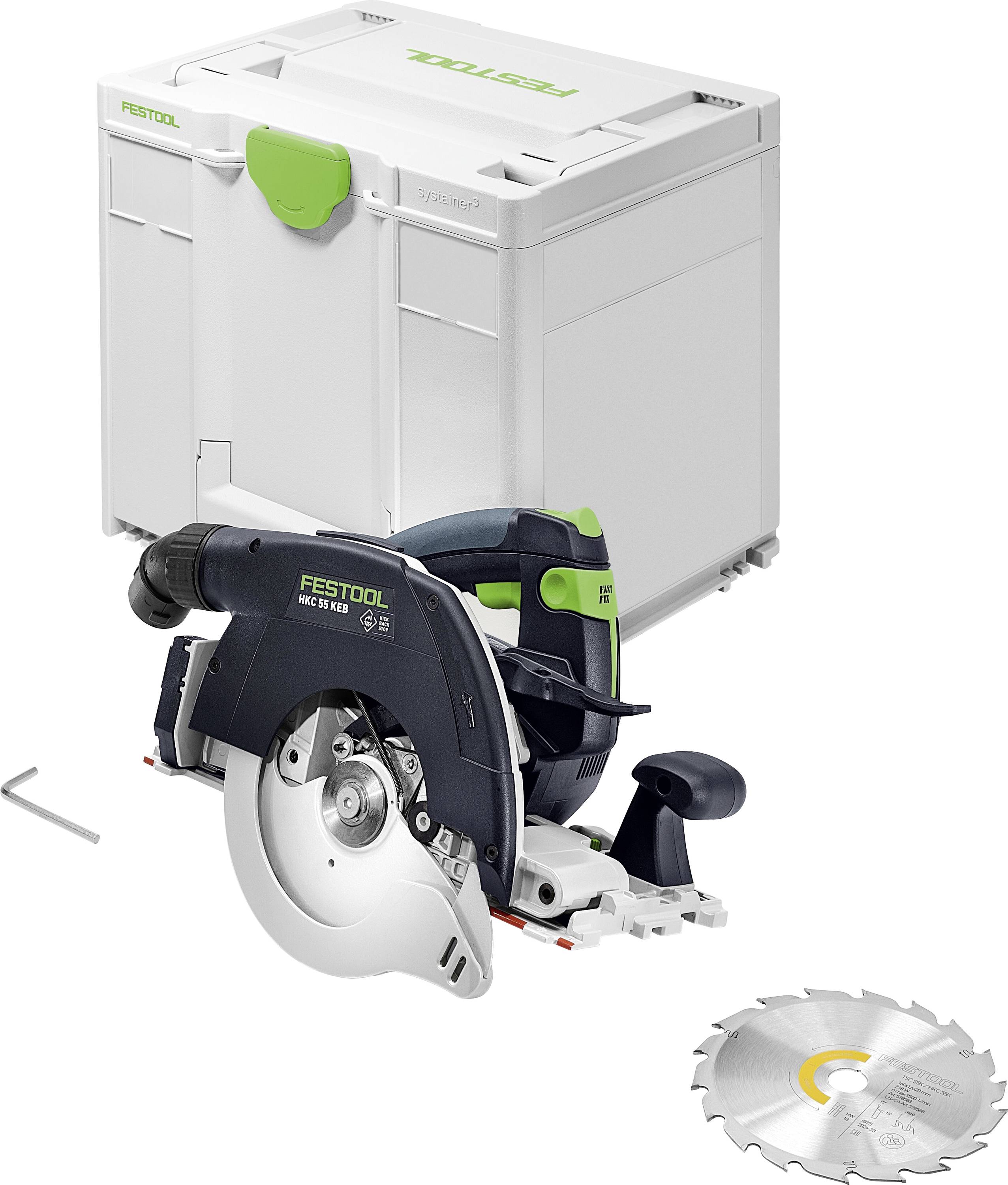 Une scie circulaire compacte Festool et sa boîte de rangement sont présentées. L'image met en valeur le design de la scie et comprend une lame de scie et un accessoire.