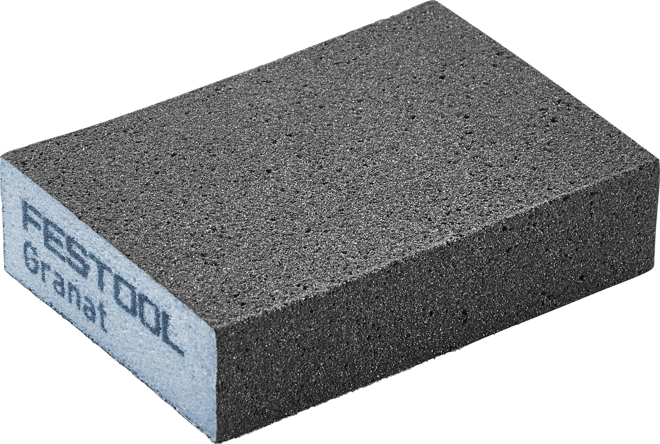 Une éponge de ponçage rectangulaire étiquetée « Festool Granat », avec un noyau bleu et des surfaces abrasives foncées, est représentée dans une vue aux trois quarts.