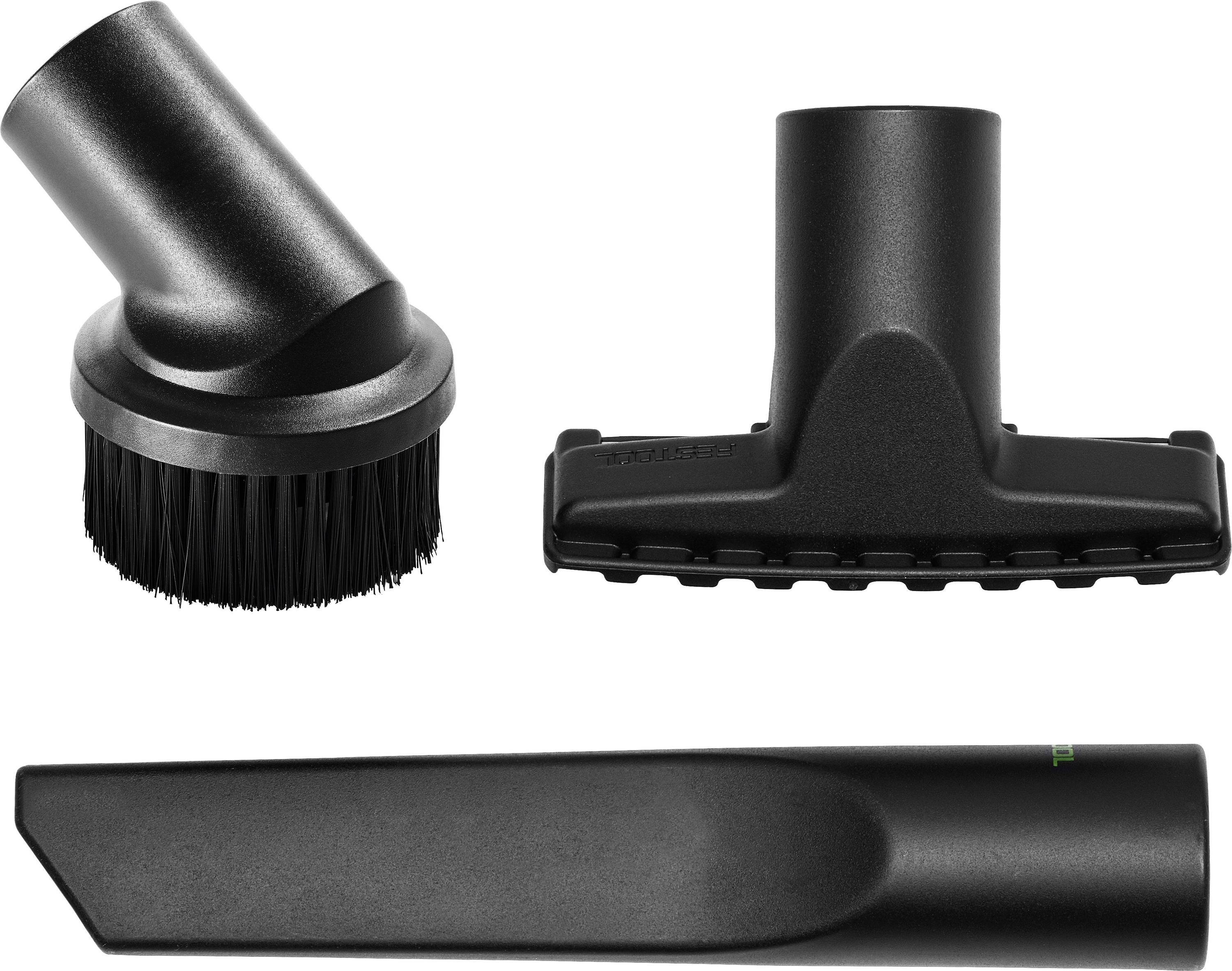 Trois accessoires d'aspirateur noirs : une brosse ronde, une brosse plate large et un outil étroit pour les coins, sur un fond blanc.