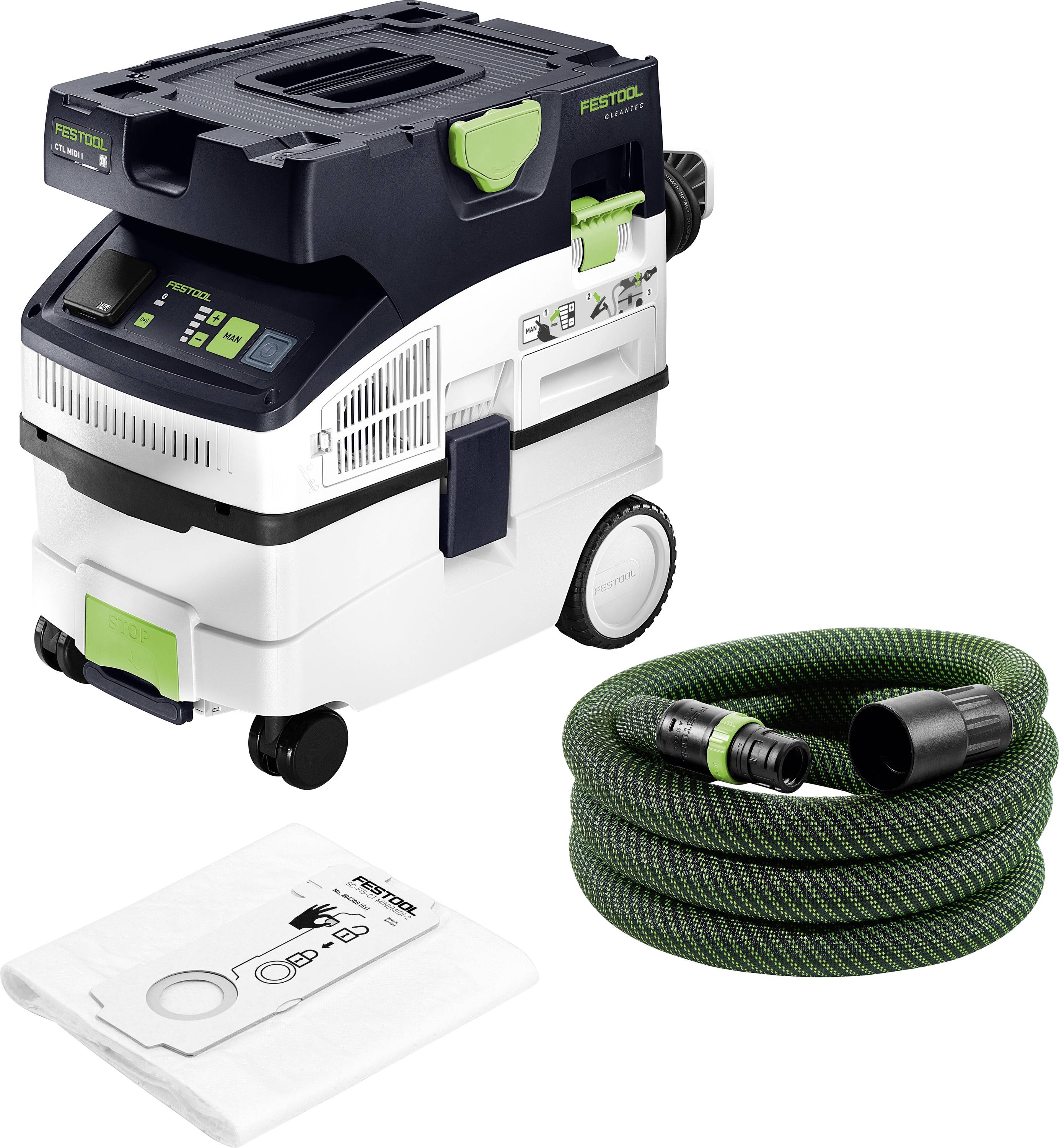 Un extracteur de poussière Festool avec un tuyau et un sac filtrant, présentant un design compact, des roues pour la mobilité et des commandes numériques sur le panneau avant.