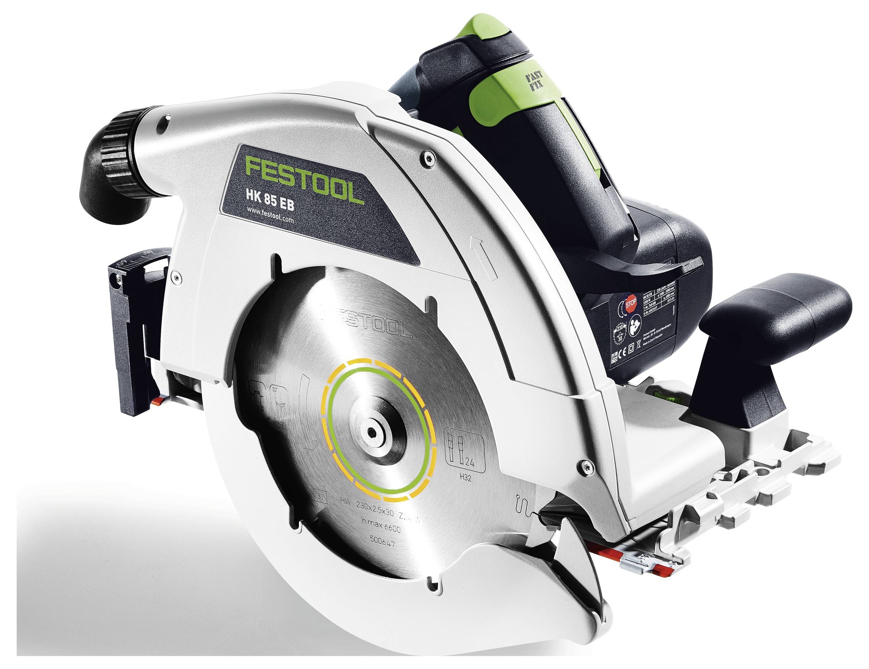 Une scie circulaire au design gris et noir, portant le nom de marque 'Festool' sur le côté, avec une lame métallique tranchante et une poignée ergonomique.