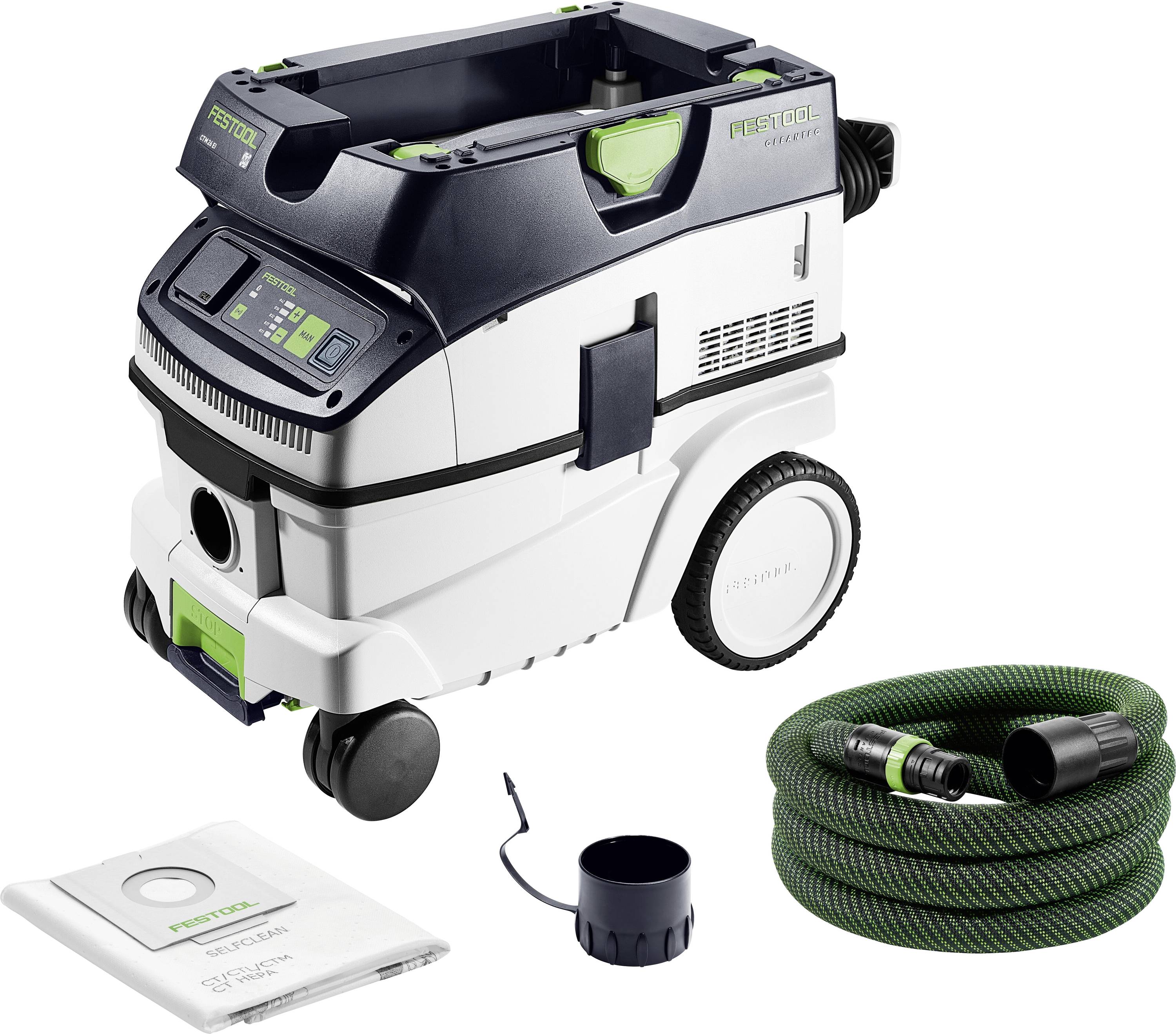 L'extracteur de poussière Festool CLEANTEC CTM 36 E AC est doté d'un panneau de commande, de roues pour la mobilité, d'une poignée verte, d'un sac filtrant et d'un tuyau.