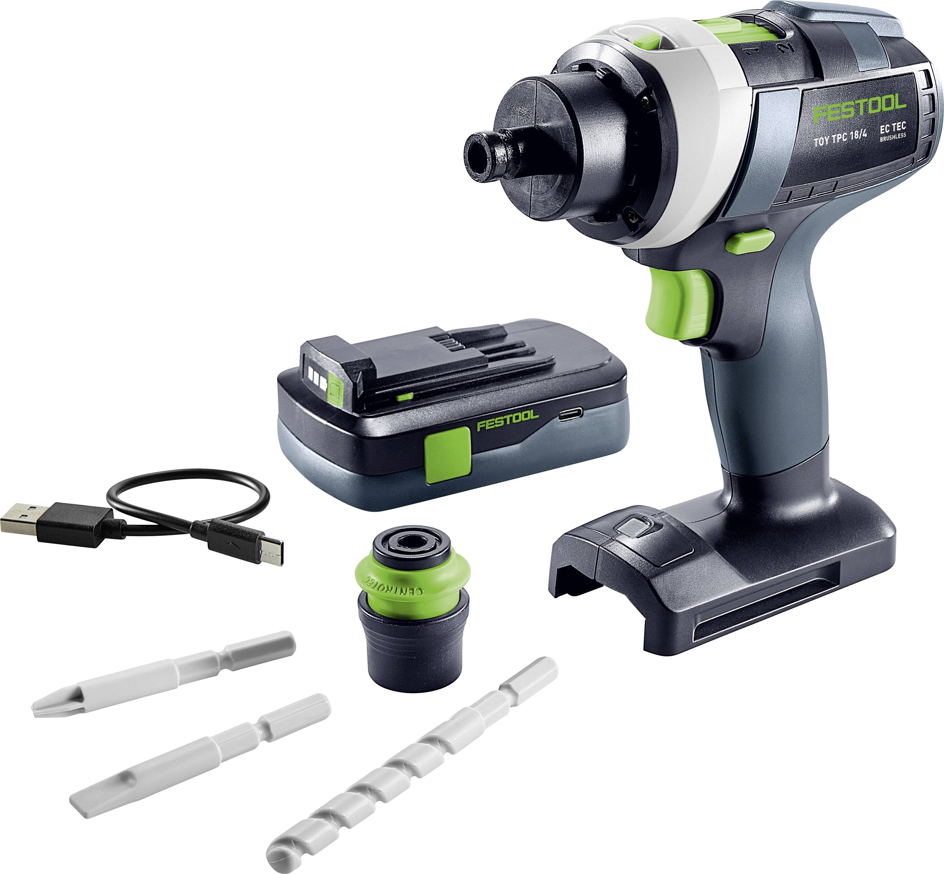Un ensemble de perceuse sans fil avec une base de charge, un câble USB et plusieurs forets. Le logo de la marque 'Festool' est visible sur la perceuse et le chargeur.