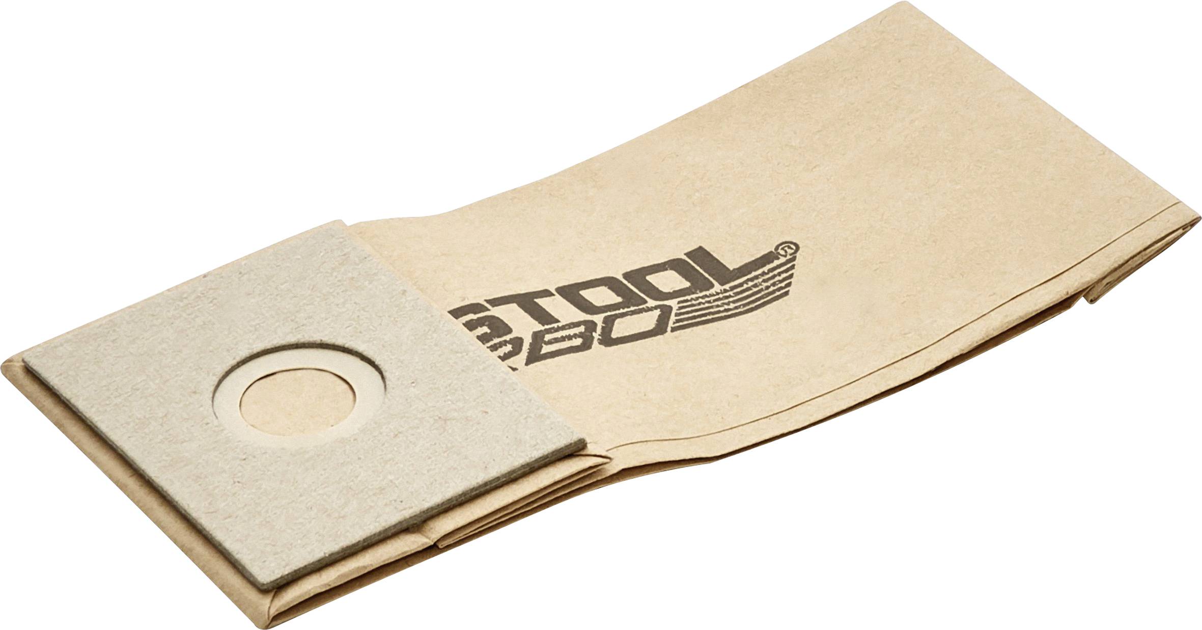 Un sac d'aspirateur rectangulaire, déplié, avec un trou circulaire au centre. Le texte « Stool Turbo » est imprimé sur le sac.