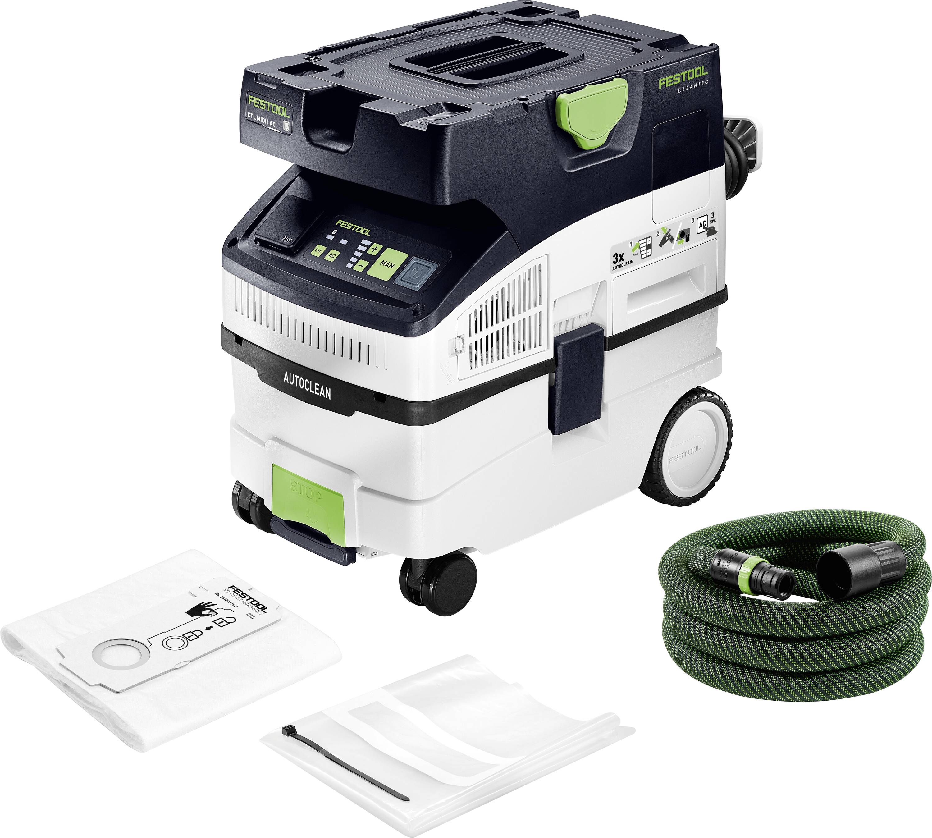 Extracteur de poussière Festool Cleantec CT 26 E avec accessoires, comprenant un tuyau vert et un sac filtrant jetable, présenté sur un fond blanc.