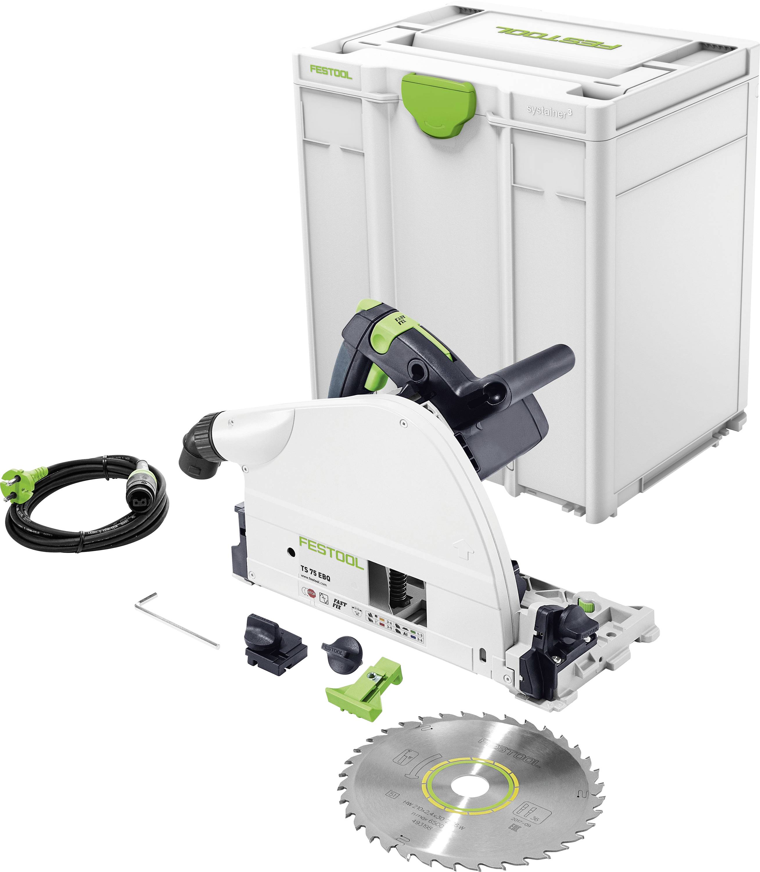 Scie circulaire sur rail Festool TS 55 avec accessoires, comprenant une lame circulaire et un coffret de rangement Systainer, conçue pour des tâches de coupe précises.