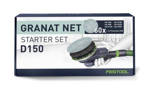 Boîte de Festool 'GRANAT NET STARTER SET D150' avec des disques de ponçage, montrant les quantités et une main tenant une ponceuse.