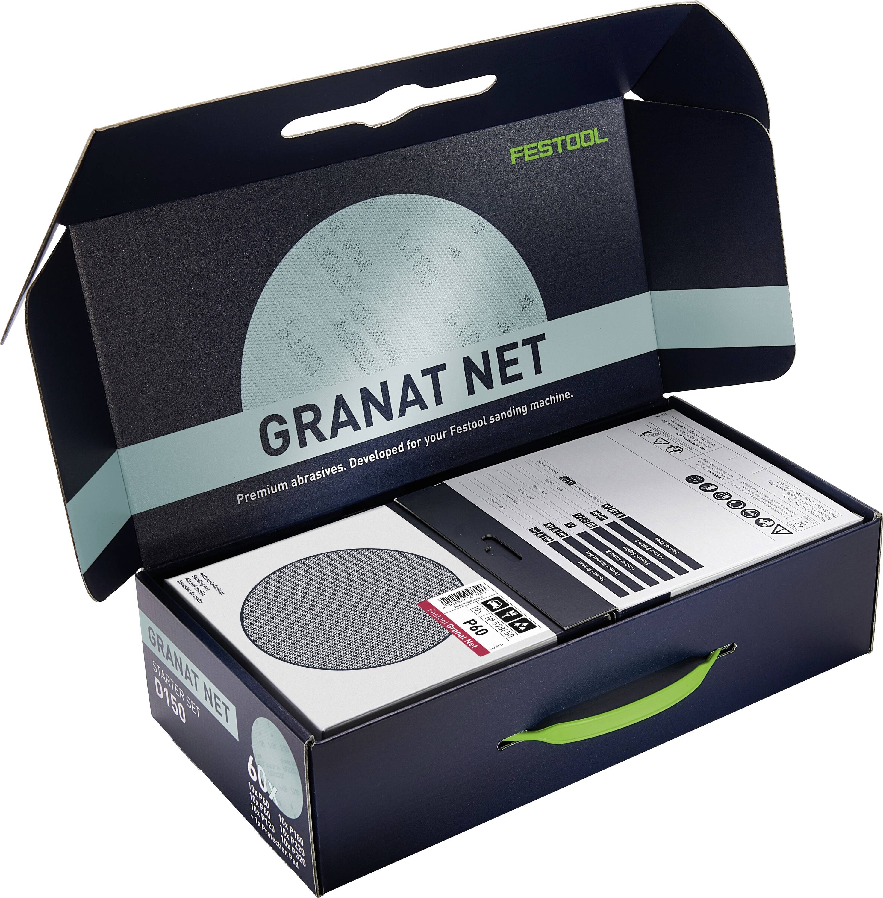 Une boîte de Festool Granat Net, un abrasif haut de gamme pour machines de ponçage, ouverte pour présenter les disques et les instructions à l'intérieur.