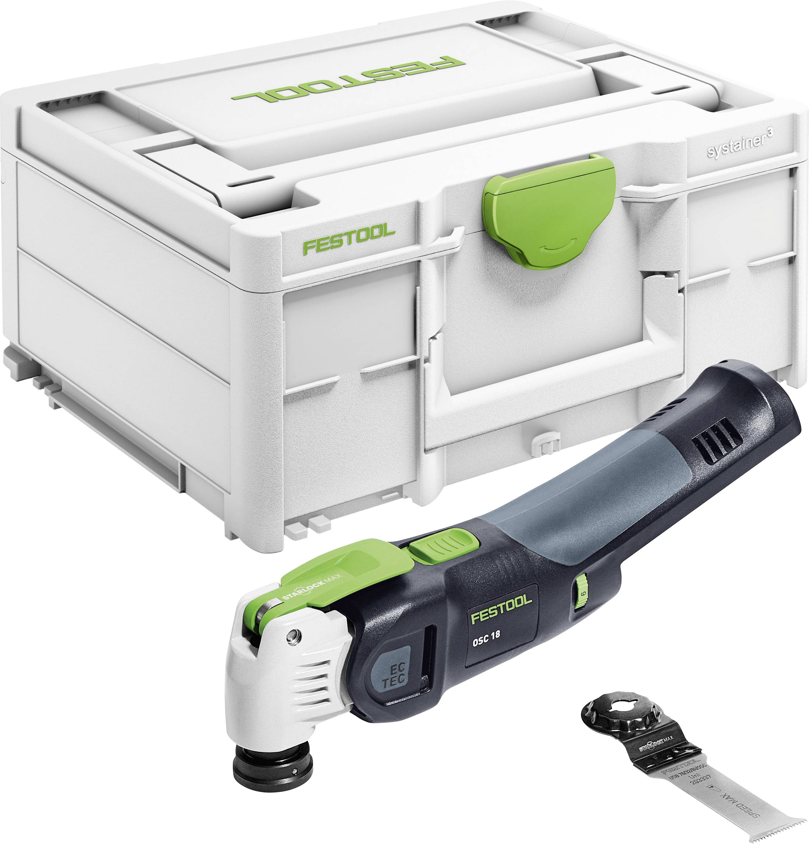 Un outil oscillant Festool avec des accessoires à côté d'un coffret Systainer Festool, illustrant une solution compacte et portable de rangement et d'outillage.