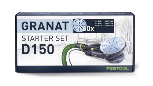 L'image présente un coffret de démarrage Festool Granat D150, montrant un outil de ponçage et mettant en avant des disques de différentes granulométries avec la mention '60x'.