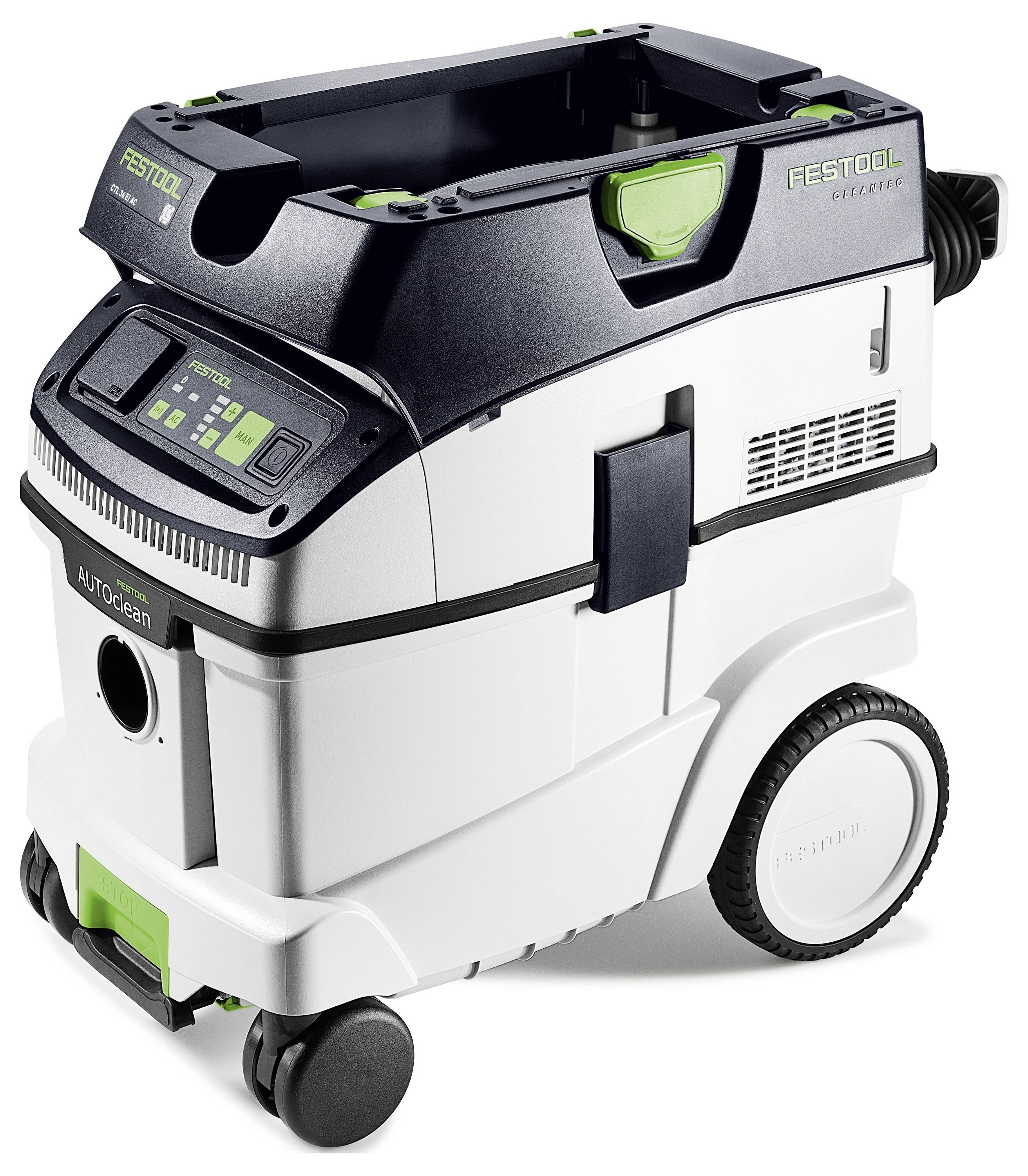 Aspirateur avec affichage numérique, grandes roues et raccordement de tuyau bien visible, portant la marque 'Festool AutoClean'.