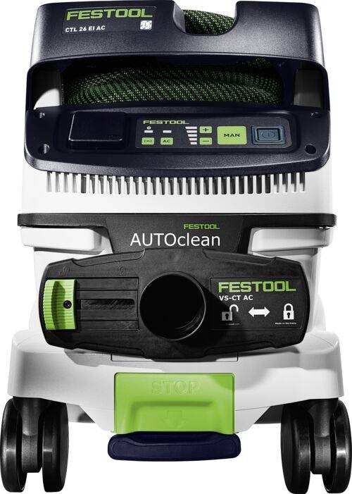 Aspirateur industriel Festool CTL 26 E AC avec des touches vertes et noires, doté de commandes, d'un rangement pour tuyau et de roues pour une mobilité facilitée.