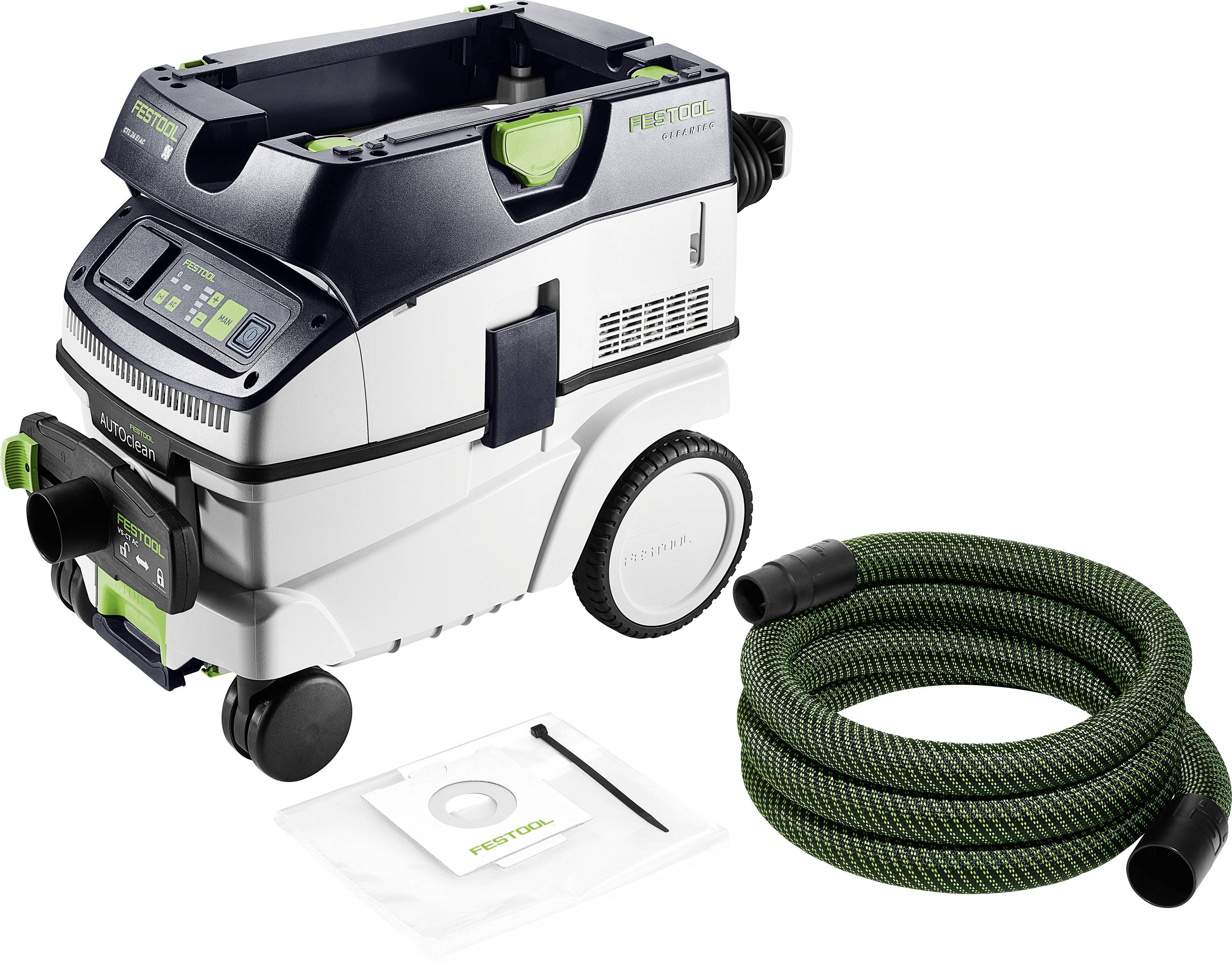 Extracteur de poussière Festool CT 26 E avec un tuyau vert et un sac d'accessoires. Doté d'un design compact et de roues pour une mobilité facilitée. Adapté à une utilisation en atelier.