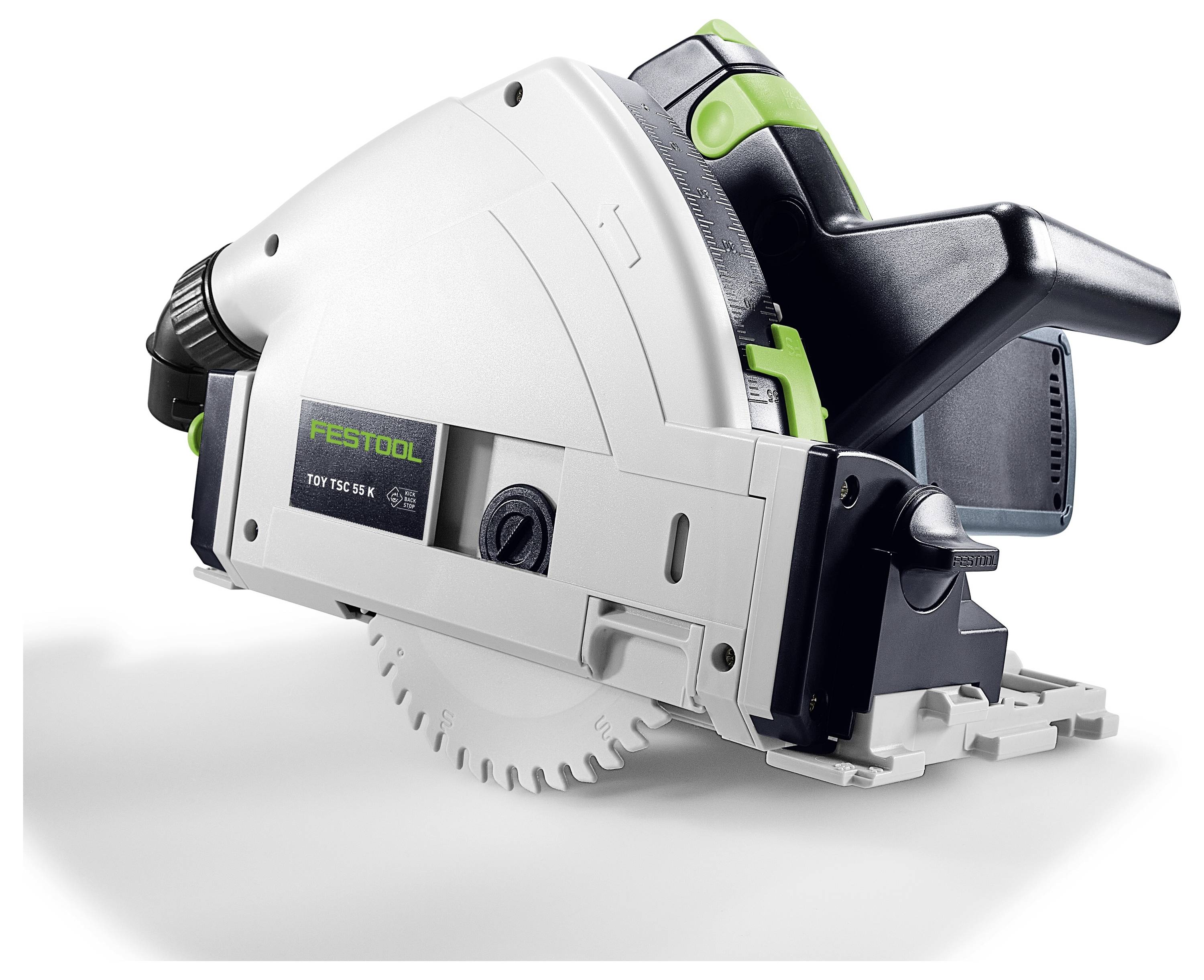 Scie Festool avec boîtier blanc et touches vertes, montrant une lame de coupe et une poignée, utilisée pour la menuiserie ou le travail du bois de précision.