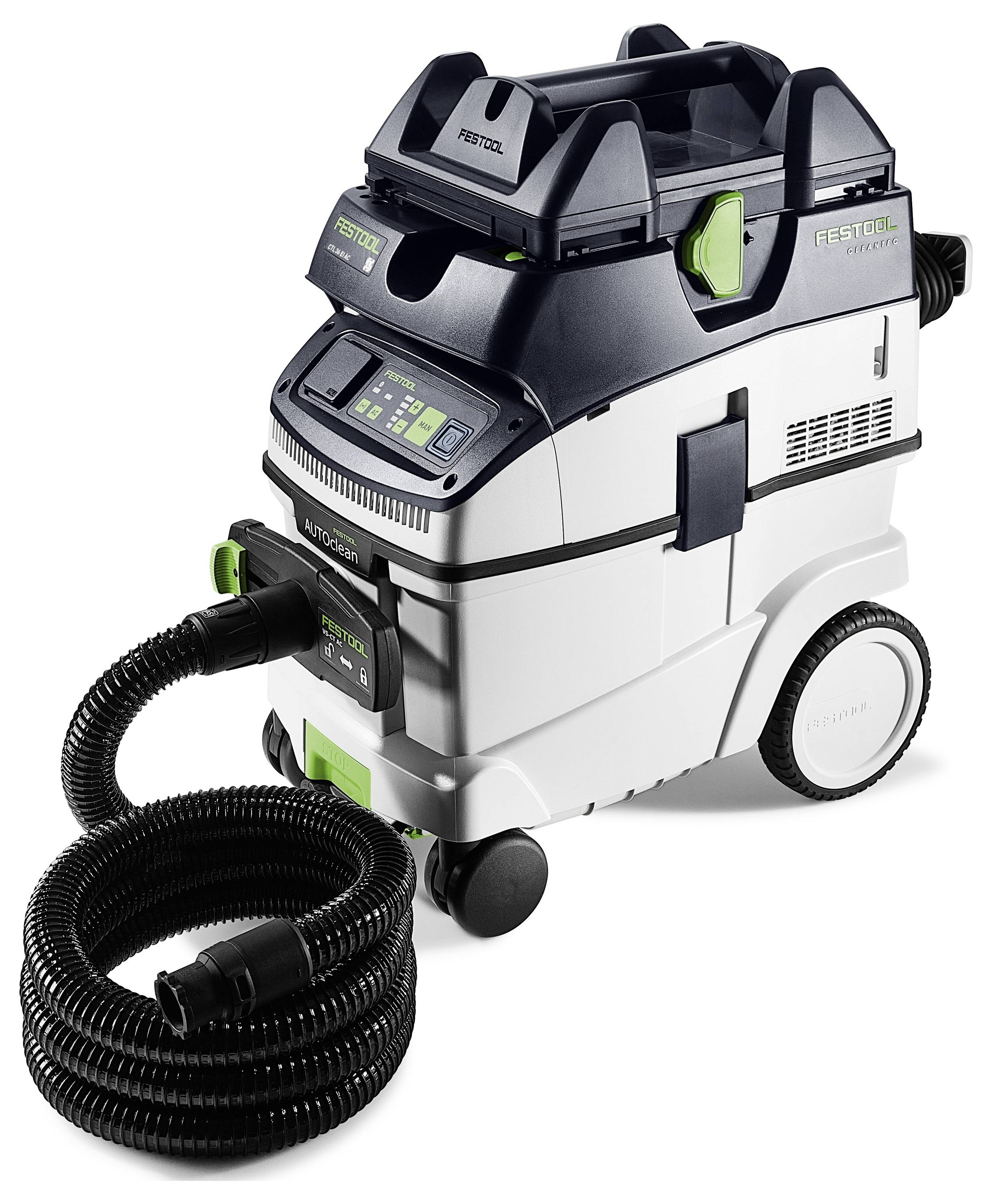 Extracteur de poussière mobile Festool avec tuyau intégré et unité de contrôle, conçu pour une collecte de poussière efficace dans les ateliers ou sur les chantiers.