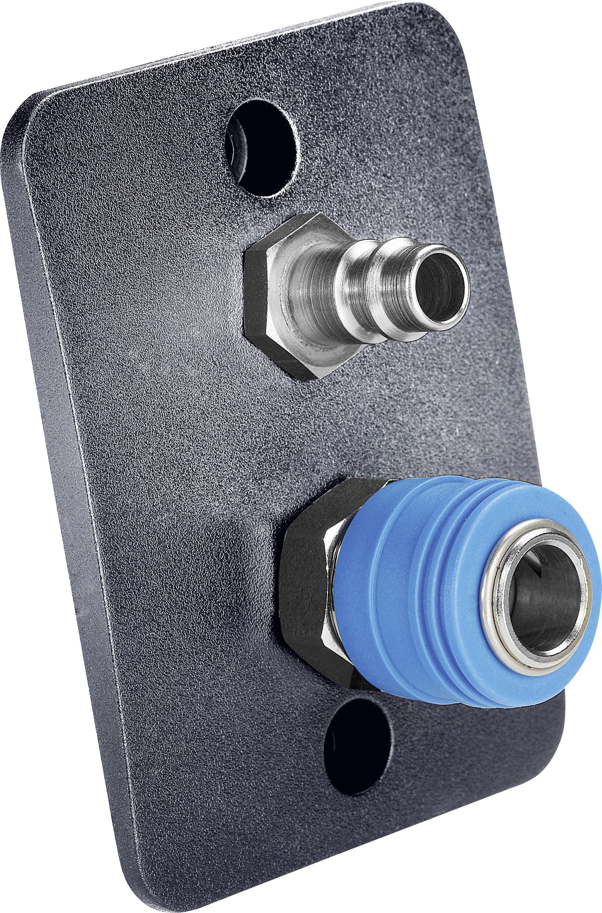 Un panneau métallique équipé de deux raccords de tuyau ; le raccord supérieur est métallique, tandis que celui du bas présente un extérieur bleu.