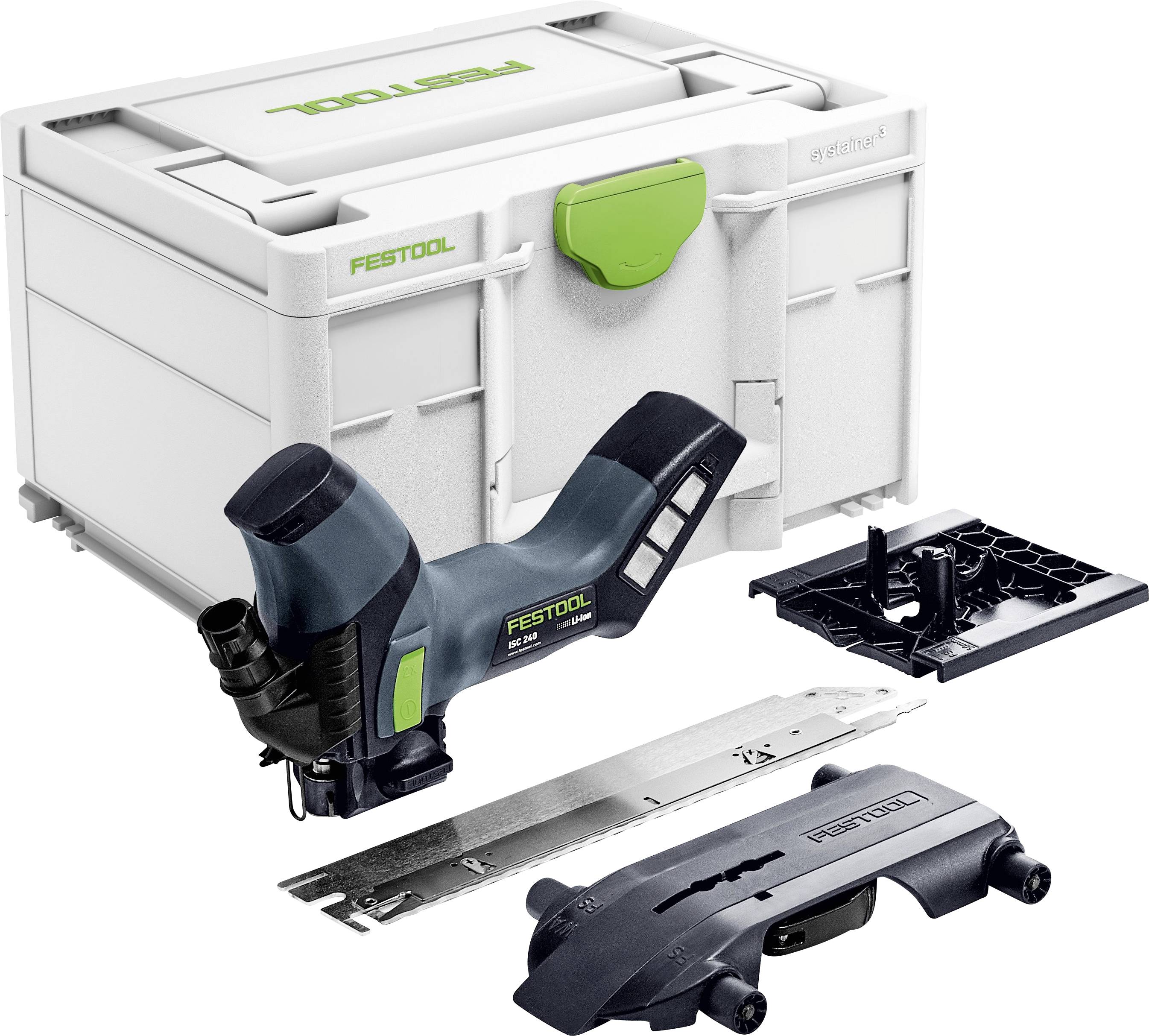Système de chant Festool avec accessoires, comprenant un boîtier de rangement, un outil de type défonceuse, et des guides pour des applications de menuiserie précises.