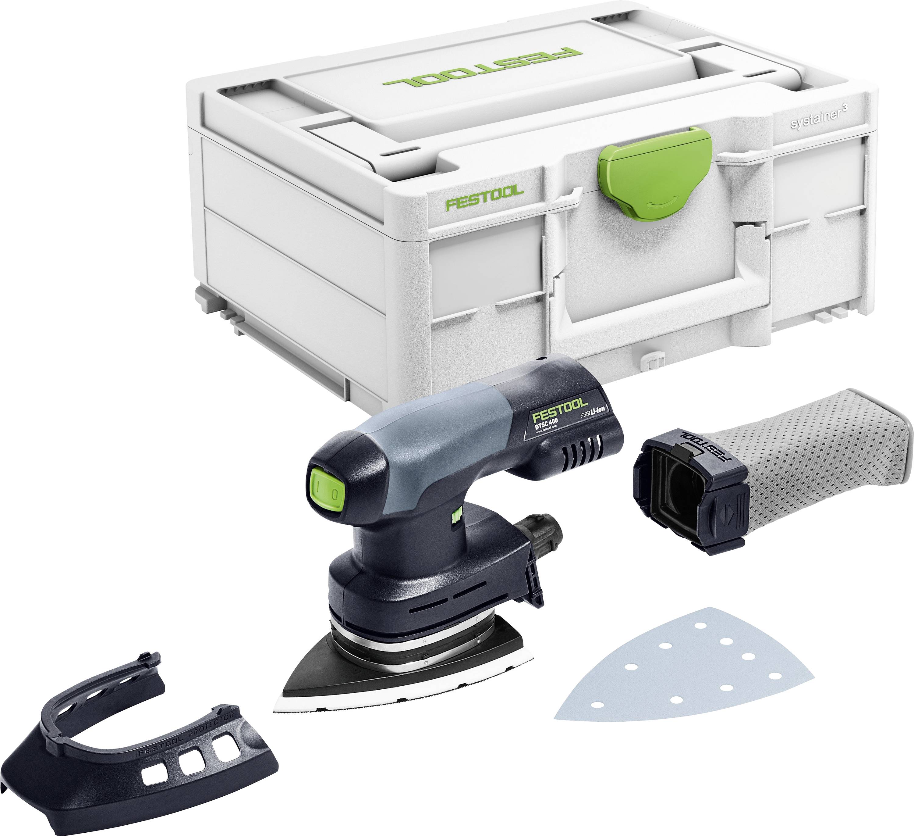 Ensemble de ponceuse Festool comprenant une ponceuse compacte, des accessoires de fixation, une feuille de ponçage et un coffret de rangement.