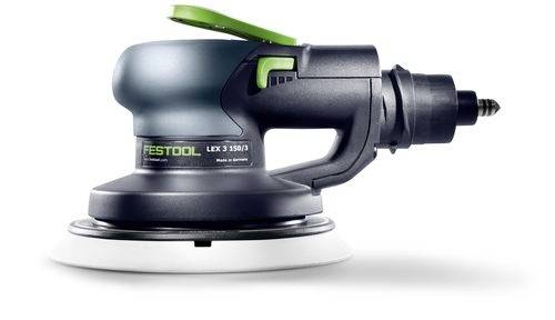 Un ponceuse orbitale électrique en vue de profil, avec un bouton vert et portant l'étiquette « FESTOOL LEX 3 150/3 ».