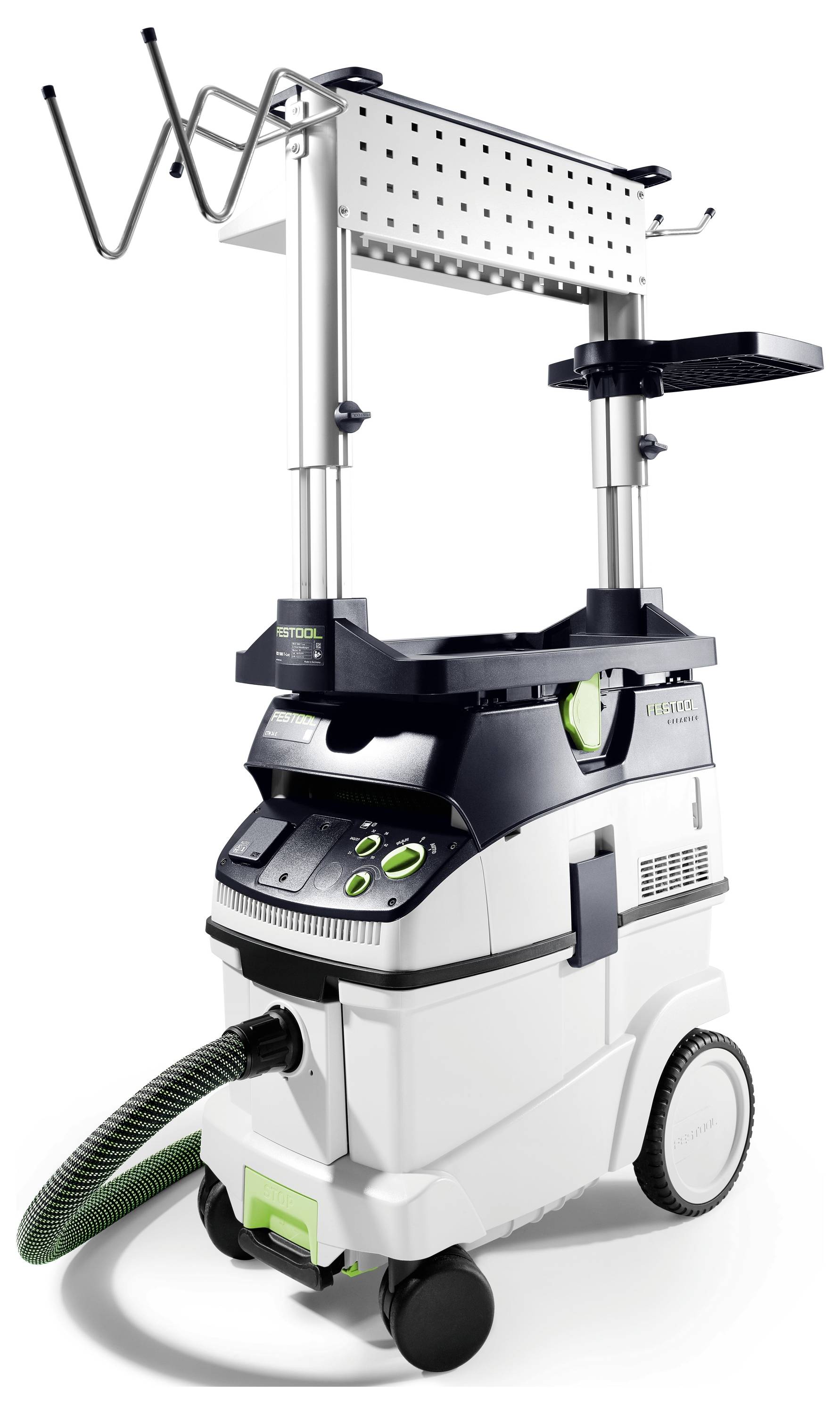 Extracteur de poussière Festool CTM 48 E AC avec accessoires, doté de grandes roues pour une mobilité facilitée, d'un support de tuyau et d'un panneau de commande avec boutons.