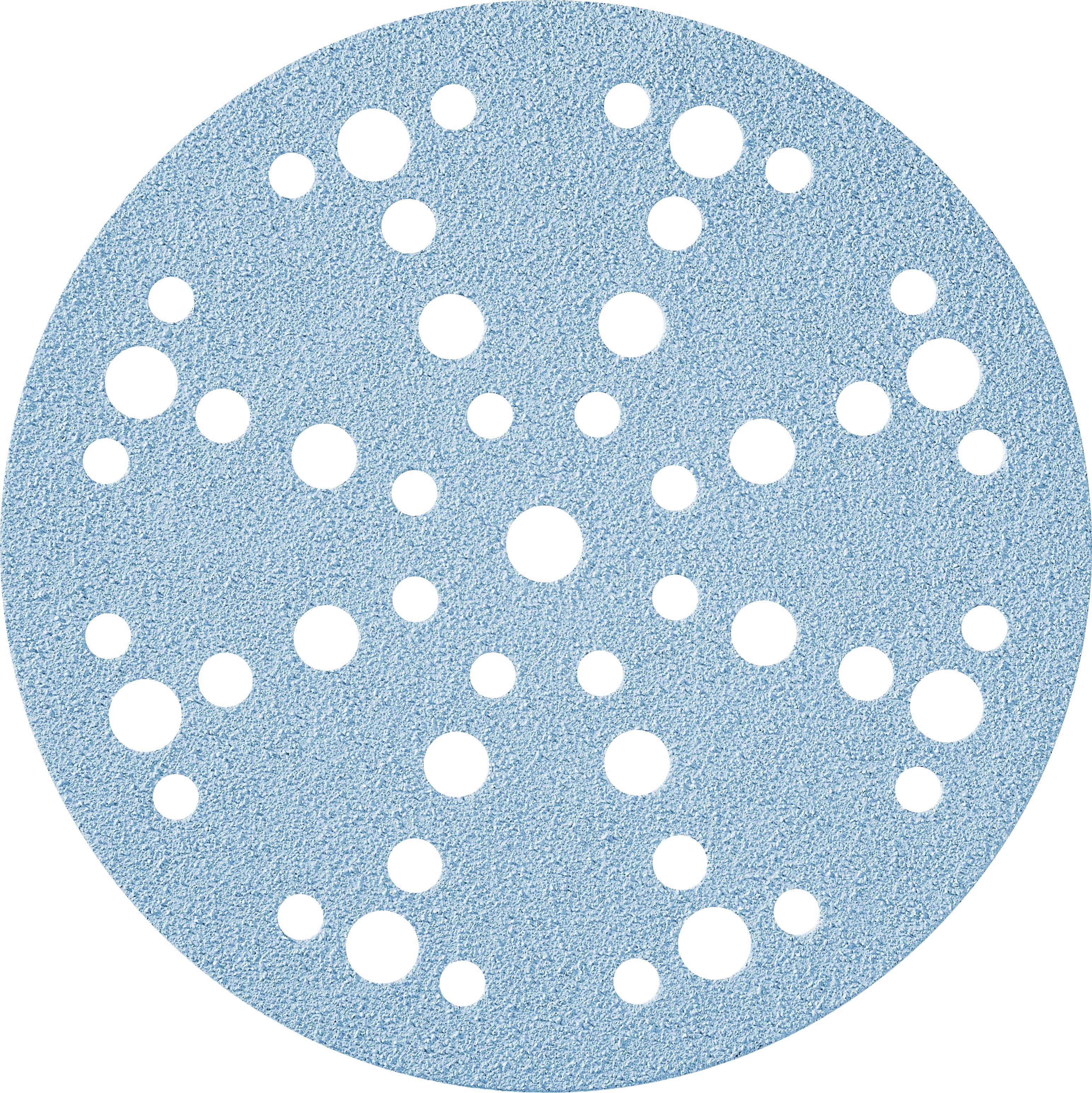 Un disque de ponçage circulaire bleu avec plusieurs trous de différentes tailles, utilisé pour lisser les surfaces, posé sur un fond blanc.