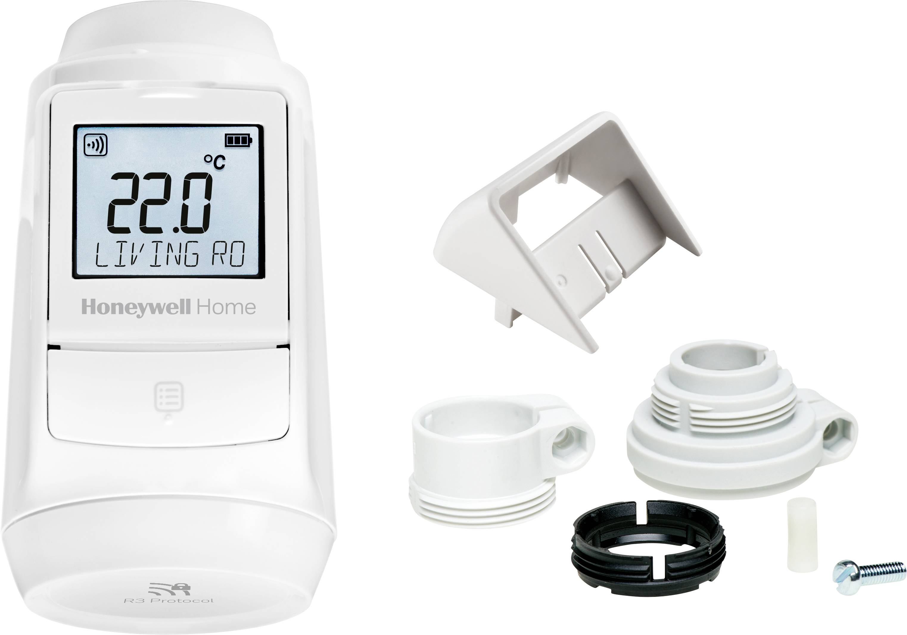 Thermostat numérique affichant '22,0 °C' et 'LIVING RO' avec divers composants de montage.