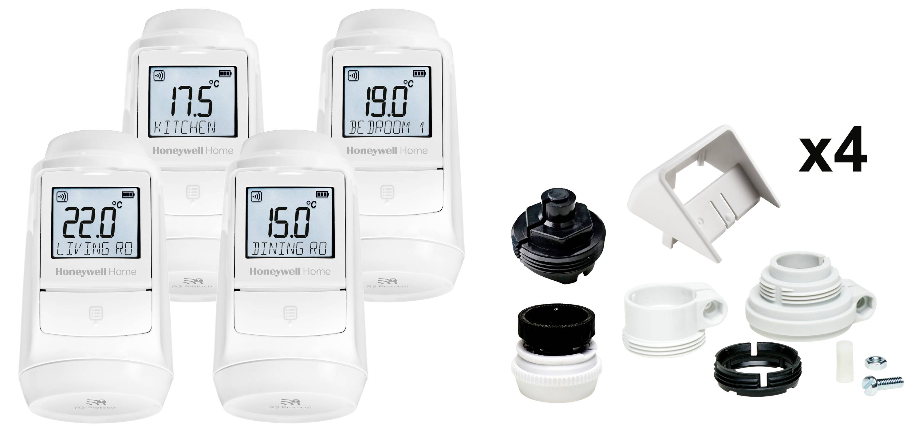 Quatre thermostats numériques blancs affichant les températures de différentes pièces, accompagnés de quatre ensembles d'accessoires de montage.