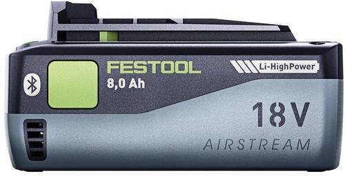 Une batterie Festool Airstream bleue et grise avec les étiquettes « Li-HighPower », « 8,0 Ah » et « 18 V », comportant un symbole Bluetooth.