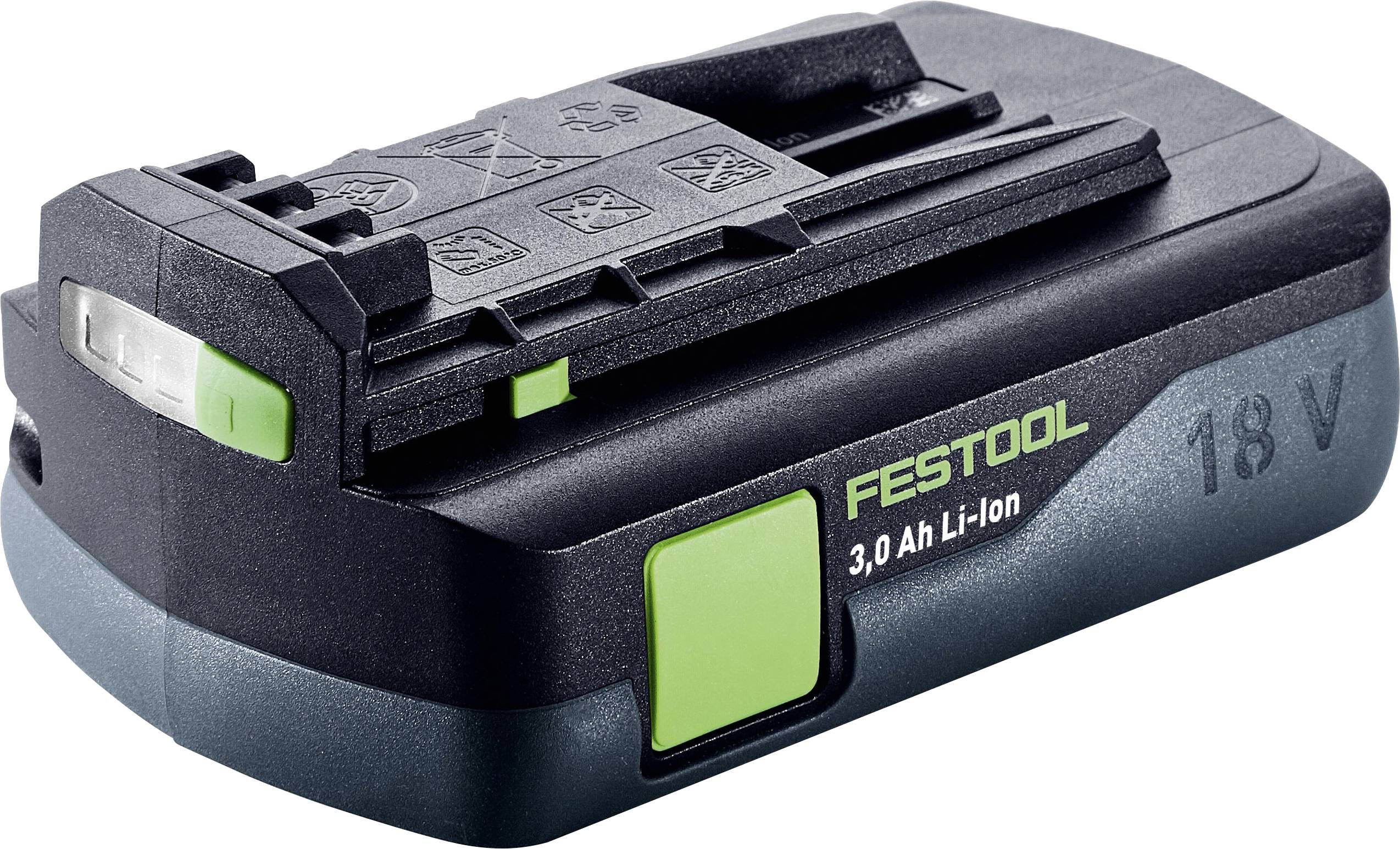 Pack de batterie Festool 18V 3.0 Ah Li-ion, noir avec des touches vertes, conçu pour les outils électroportatifs, mettant en valeur la marque et les détails de tension.