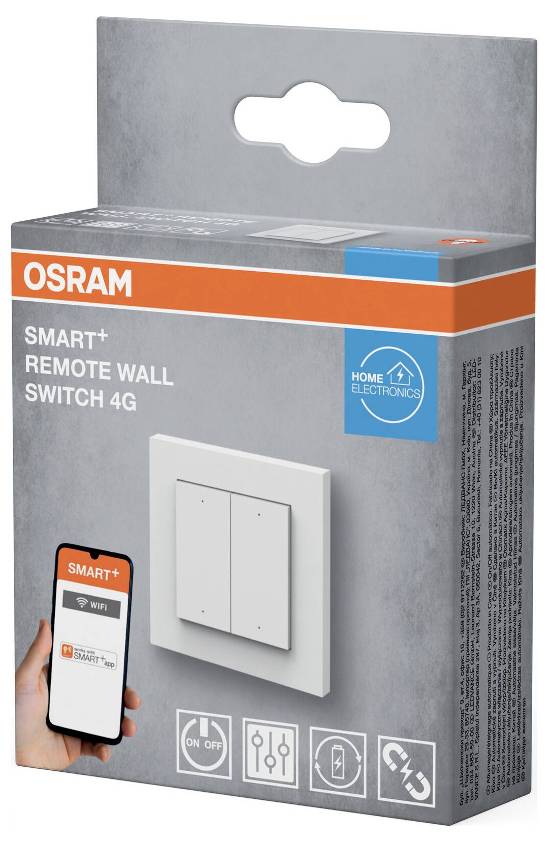 Emballage pour OSRAM Smart+ Télécommande Murale 4G, présentant l'interrupteur, la compatibilité avec l'application smartphone et les icônes d'installation.