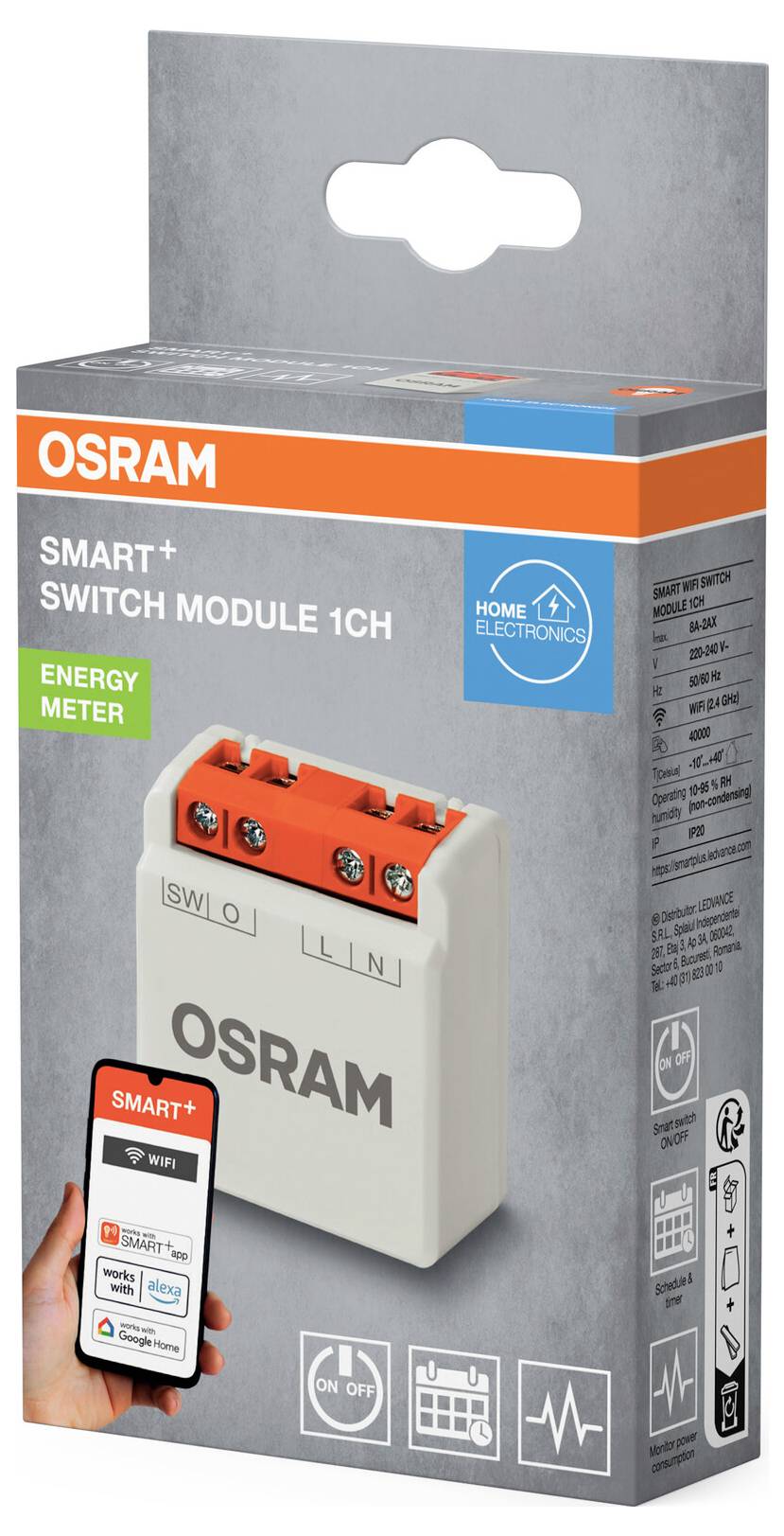 Module de commutation intelligente OSRAM Smart+ 1CH. L'emballage présente un commutateur intelligent avec trois connecteurs. Les caractéristiques comprennent un compteur d'énergie et des fonctionnalités intelligentes.