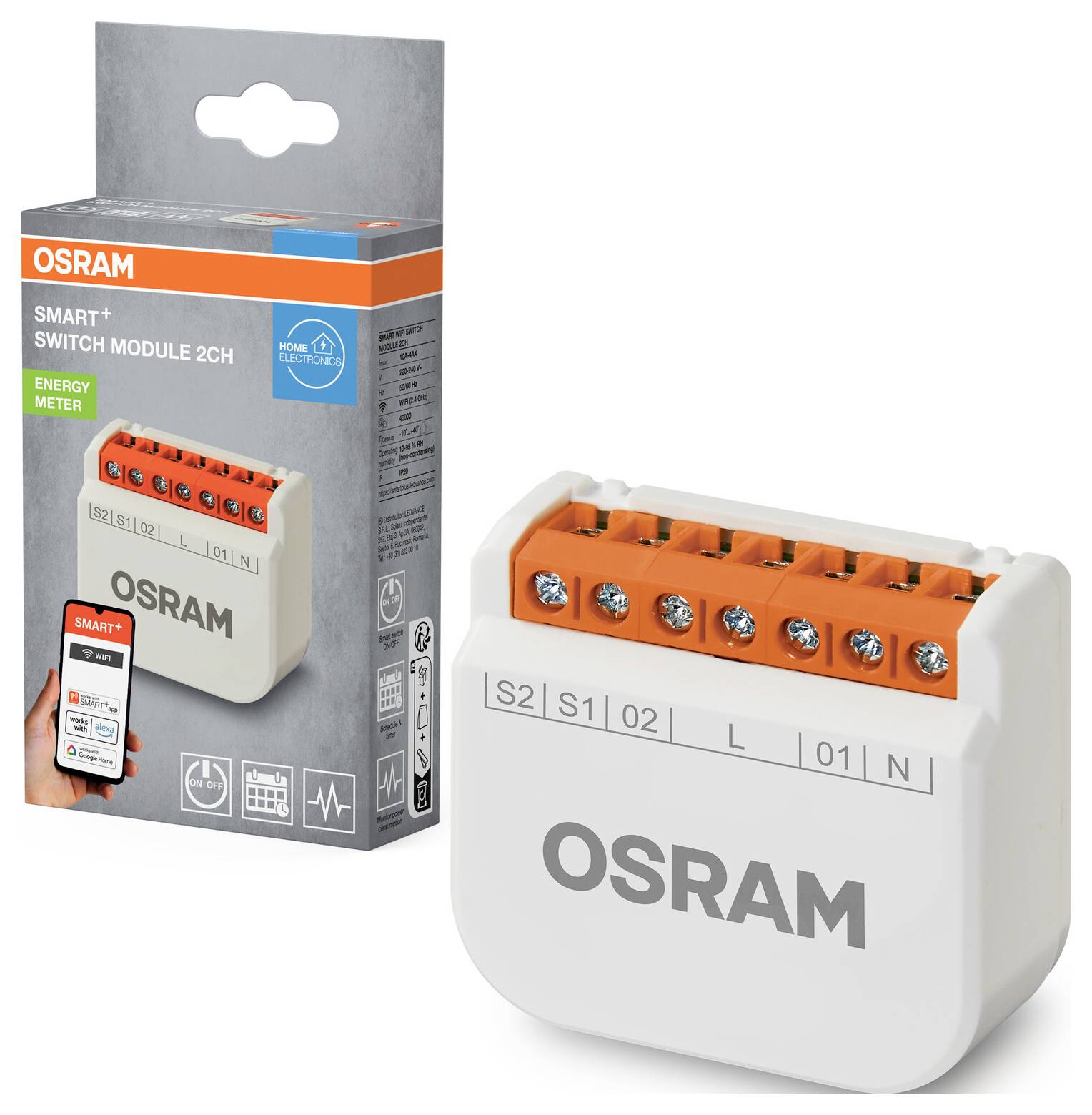 Module de commutation intelligent Osram 2 canaux avec compteur d'énergie, présentant son emballage et sa conception de module avec des bornes, adapté à la domotique.