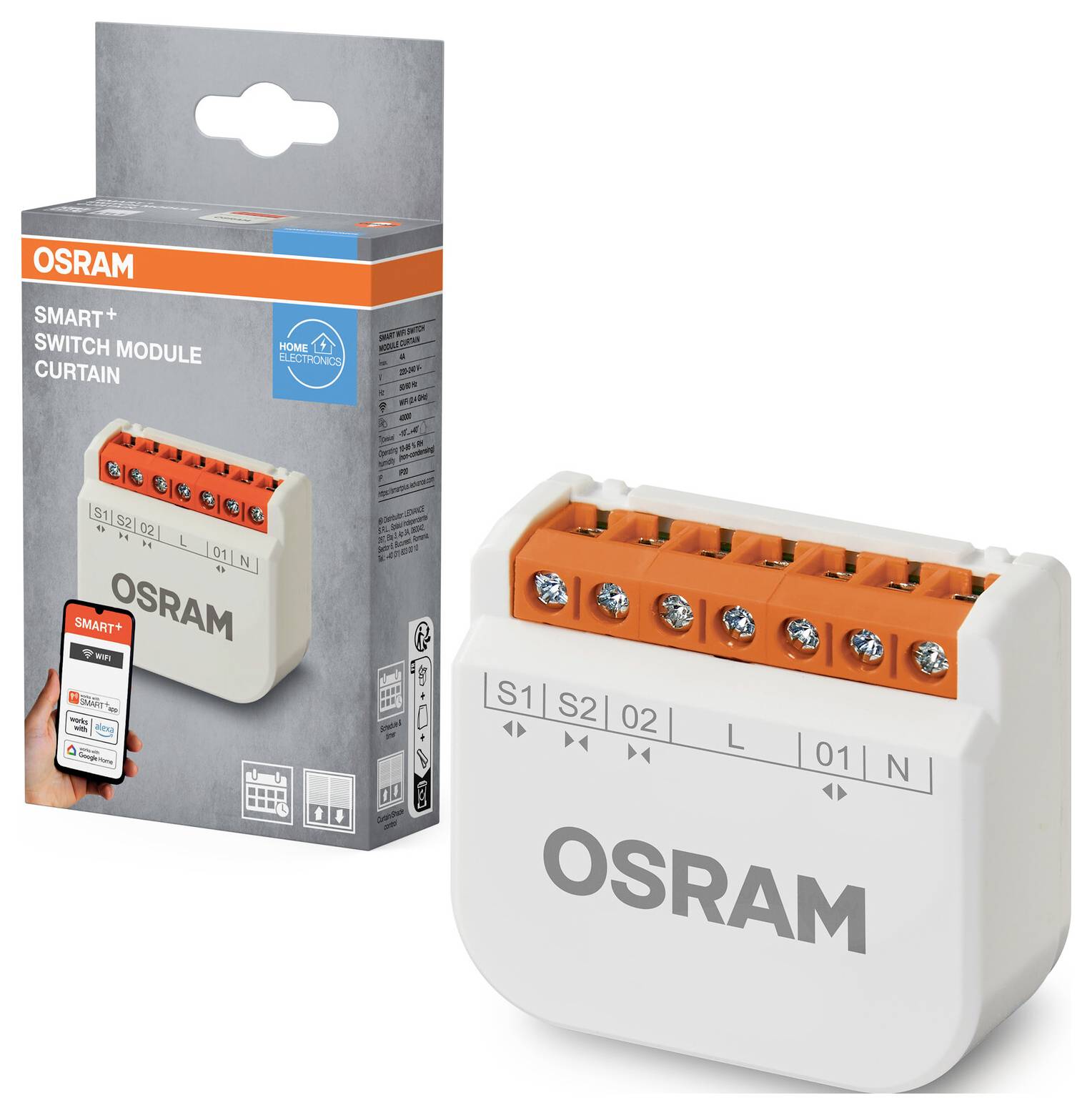 Module de commutation intelligent OSRAM Smart+ pour le contrôle des rideaux, présenté avec son emballage. Le module dispose de plusieurs bornes de raccordement et d'un design compact.