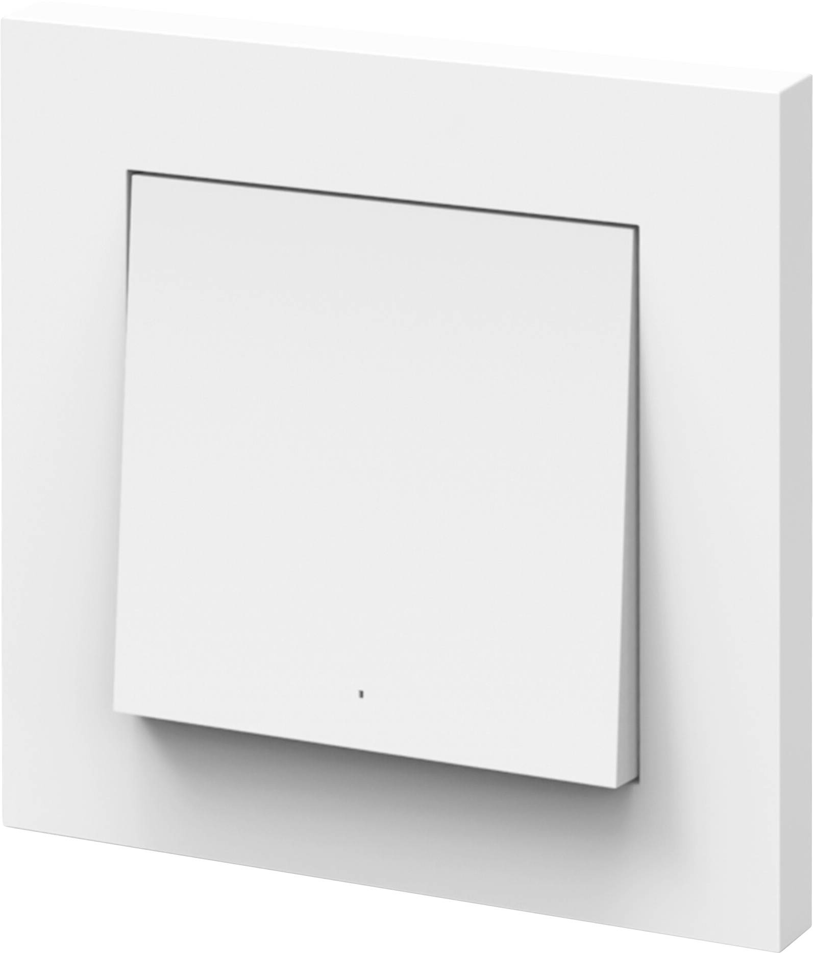 A white modern light switch with a sleek, minimalist design is shown against a matching white background.