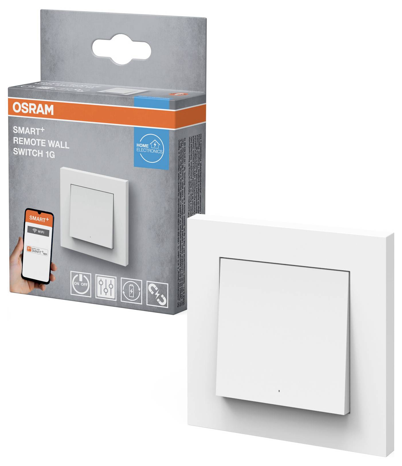 Commutateur mural intelligent OSRAM Smart+ Remote Wall Switch 1G' présentant un interrupteur mural blanc et une fonctionnalité de contrôle par smartphone.