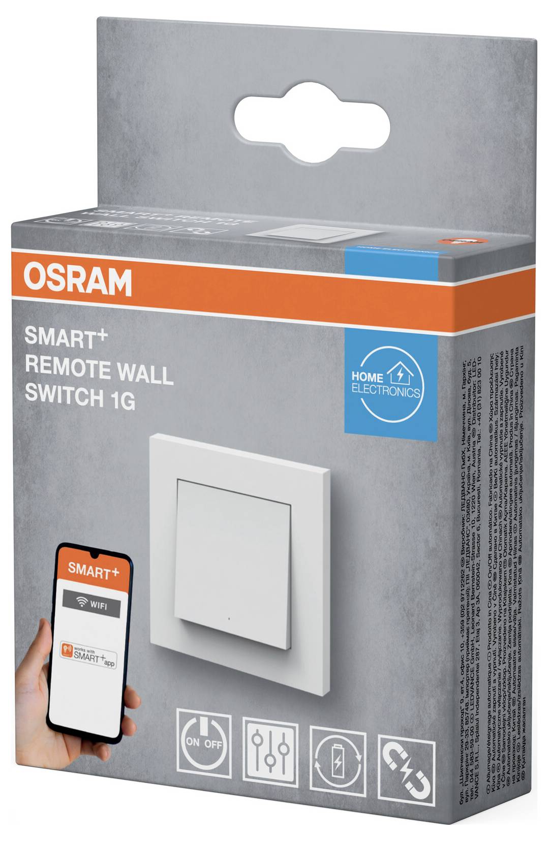 Une boîte de produit pour l'Interrupteur Mural Télécommandé Osram Smart+ 1G. Elle présente l'interrupteur, compatible avec les systèmes domotiques, et une interface de smartphone.