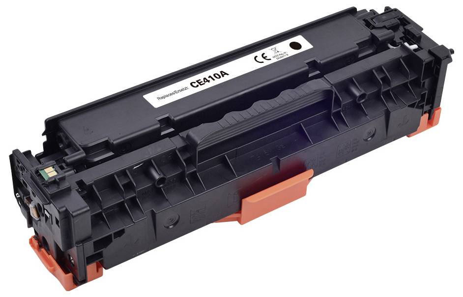 Une cartouche de toner noir HP CE410A avec des loquets orange, utilisée pour les imprimantes laser, posée sur un fond blanc.