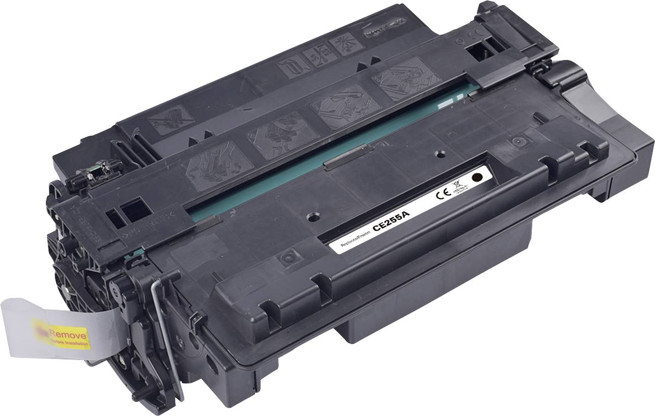 Une cartouche de toner noir étiquetée 'CE255A' compatible avec certains modèles d'imprimantes, posée à plat avec des engrenages visibles et les détails de l'étiquette.