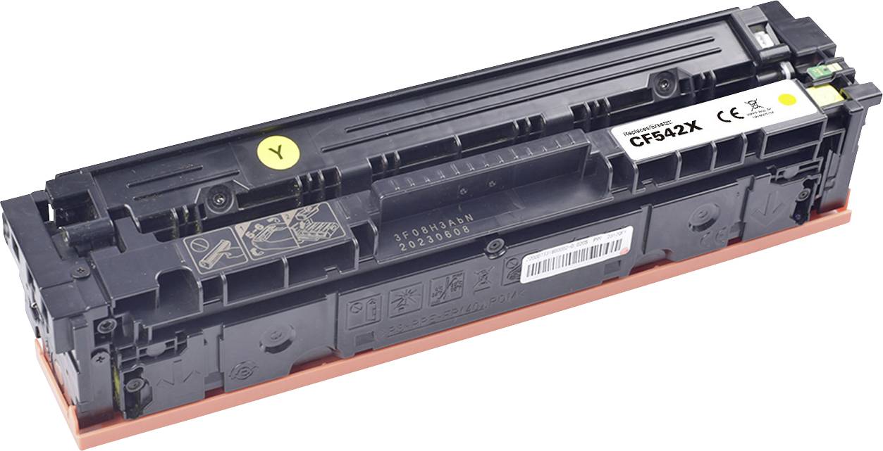 « Image d'une cartouche de toner noir modèle CF542X avec étiquette jaune, présentant des symboles de sécurité et de recyclage, couramment utilisée dans les imprimantes laser. »