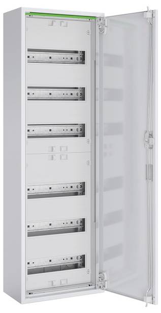 Un panneau électrique ouvert avec cinq étagères de composants, présentant le câblage et l'équipement, conçu pour la gestion du contrôle des circuits et de la distribution électrique.