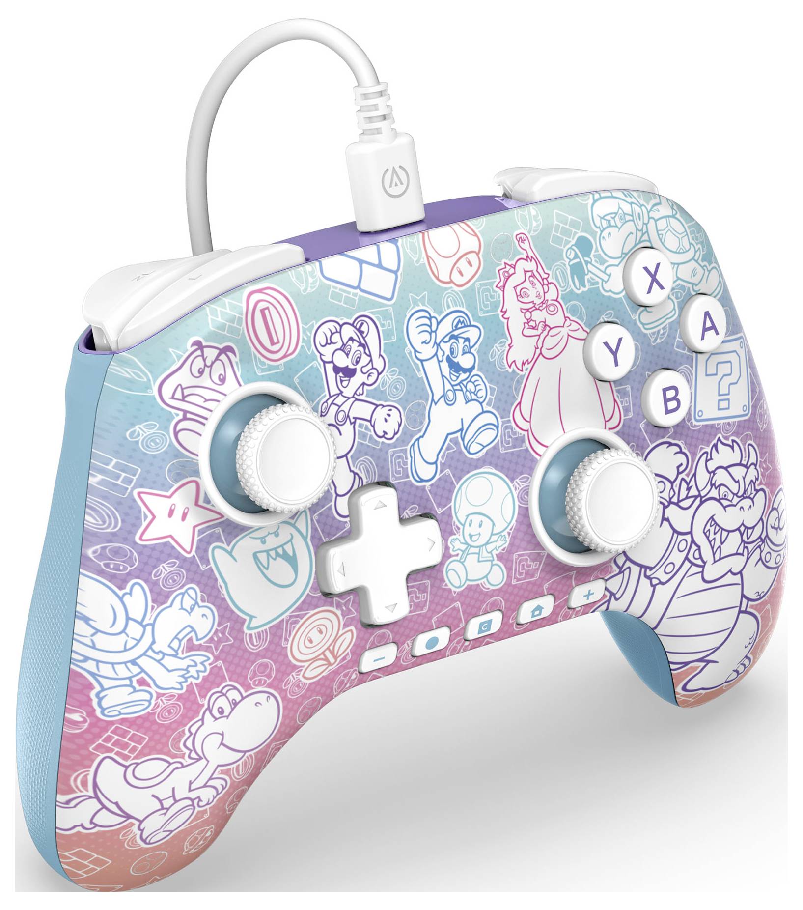 Une manette de jeu colorée présente des contours de personnages animés et de symboles issus d'une série de jeux vidéo populaire, avec une connexion filaire.