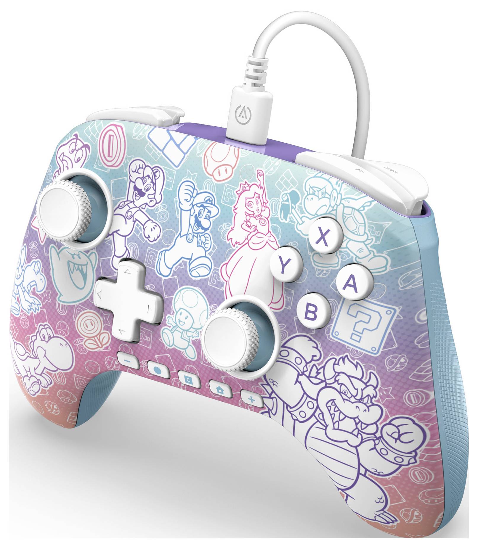 Manette de jeu vidéo avec un design coloré présentant des contours de divers personnages de dessins animés et symboles issus d'une série de jeux.