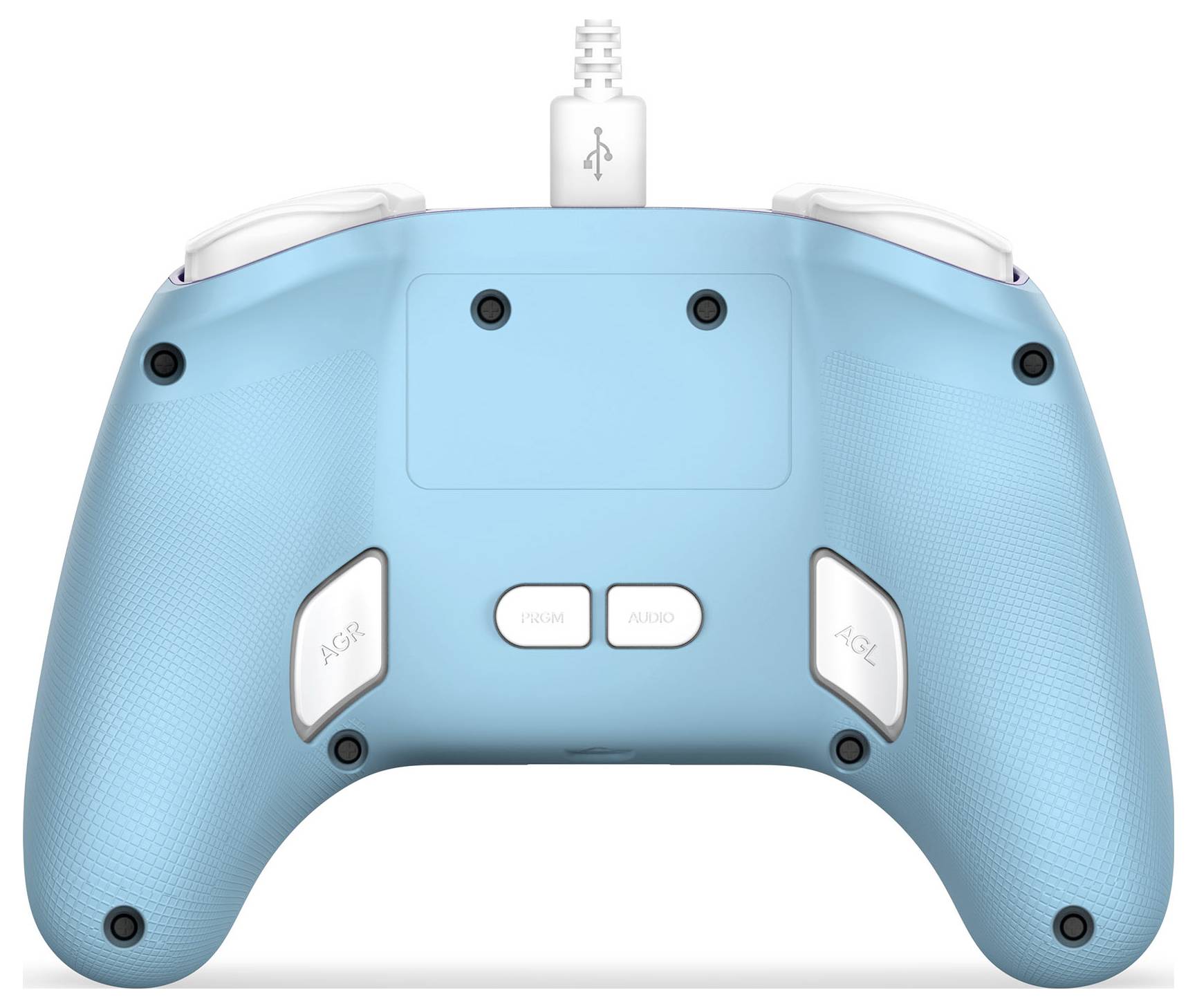 Une manette de jeu bleue avec des touches blanches, comportant trois boutons arrière étiquetés « A », « B » et « C », et une connexion par câble USB.