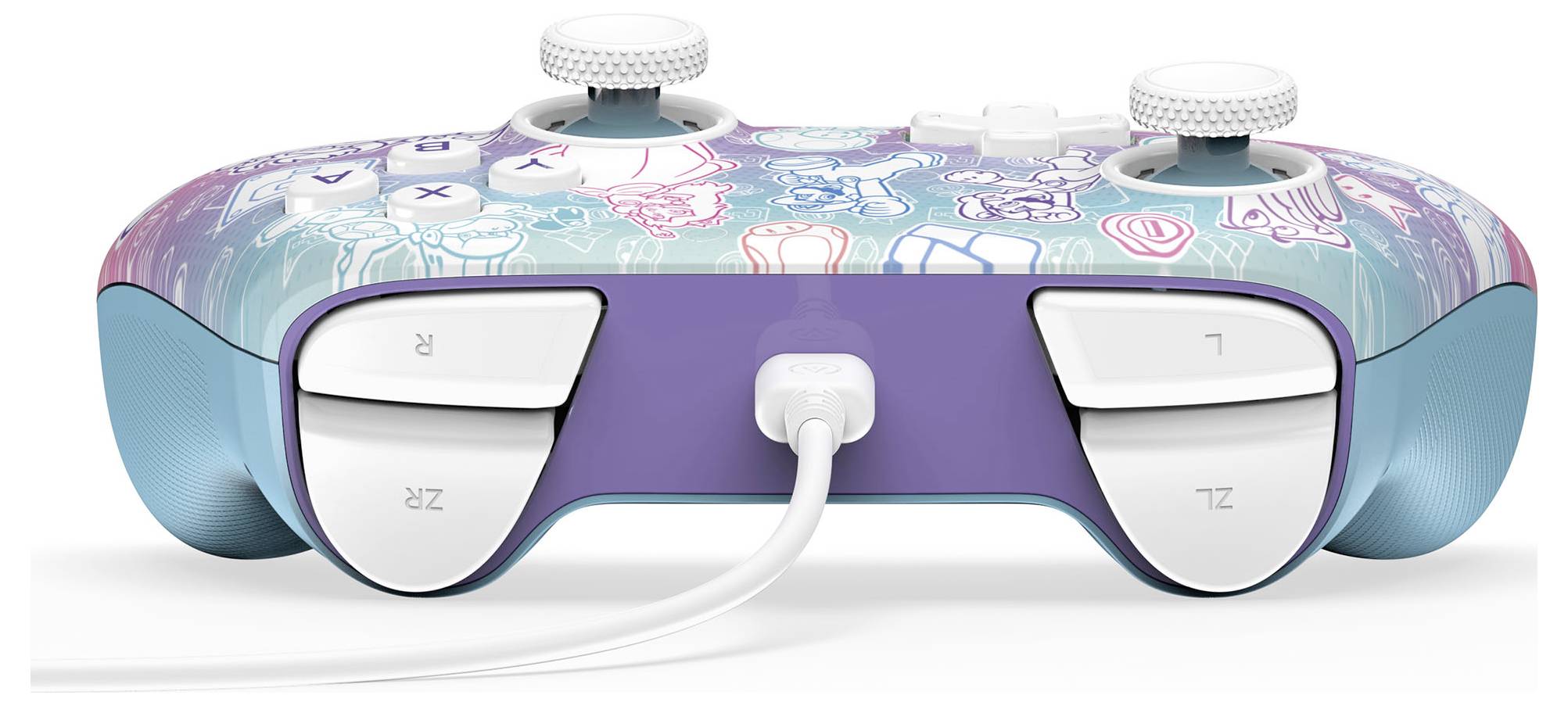 Une manette de jeu au design coloré est présentée, avec des illustrations de personnages fantaisistes sur sa surface supérieure. Elle est connectée par un câble.
